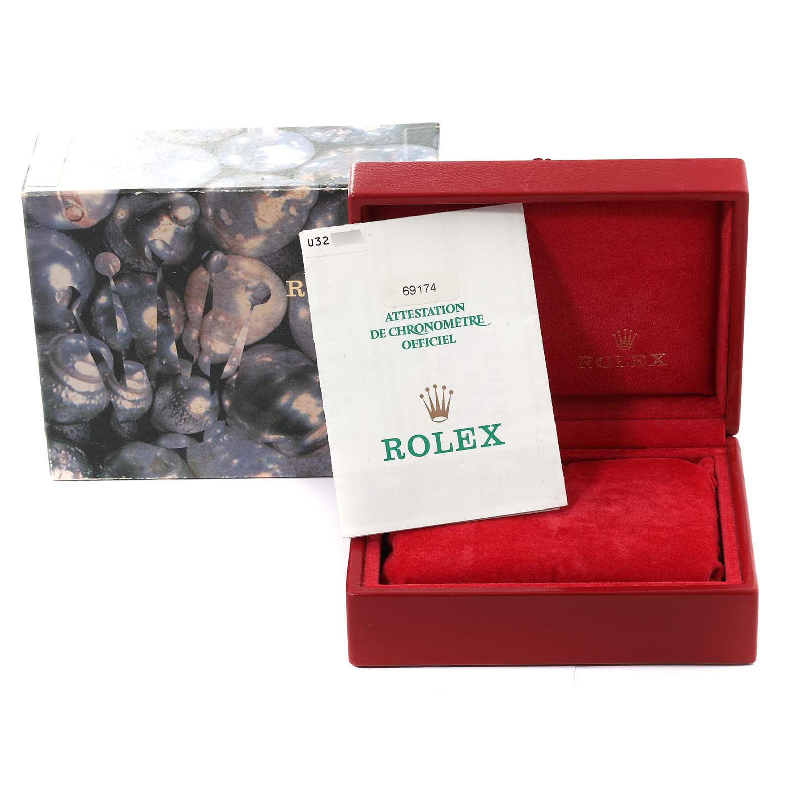 The image shows the box, a red case, and official certification papers for a Datejust model by Rolex.