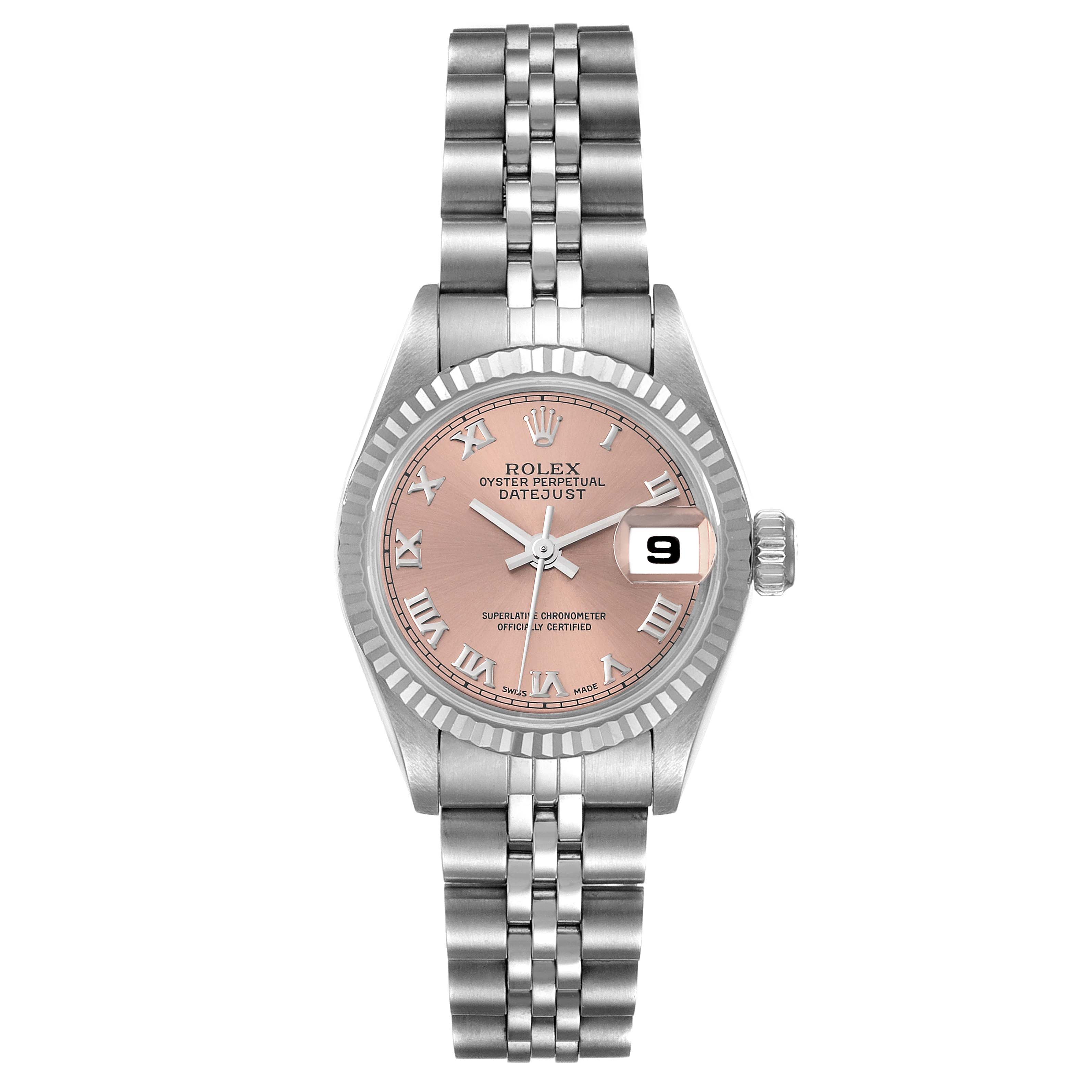 This image shows a Rolex Datejust 69174 Women's Stainless Steel Pink Dial 69174 Women's Stainless Steel Pink Dial watch, featuring its pink dial, roman numerals, jubilee bracelet, and date display, viewed from the front.