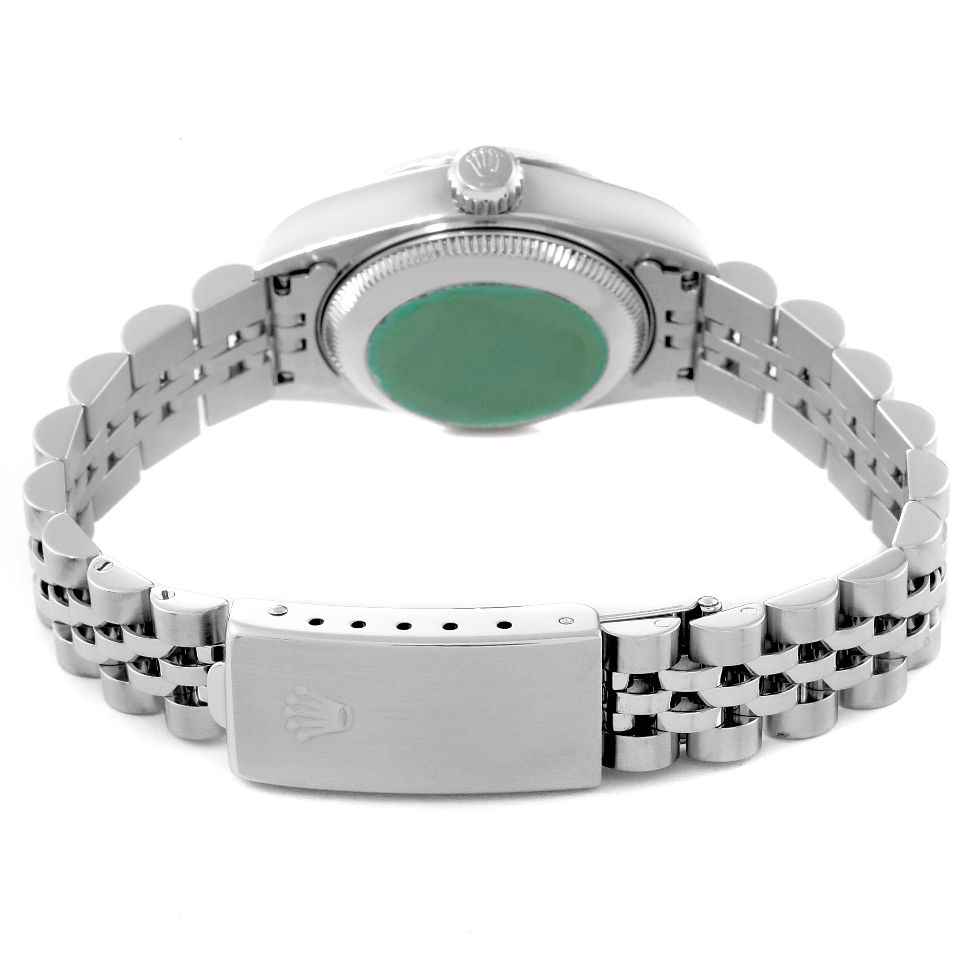 This image shows the back view of a Rolex Datejust 69174 Women's Stainless Steel Pink Dial 69174 Women's Stainless Steel Pink Dial watch, highlighting its case back, Jubilee bracelet, and clasp.