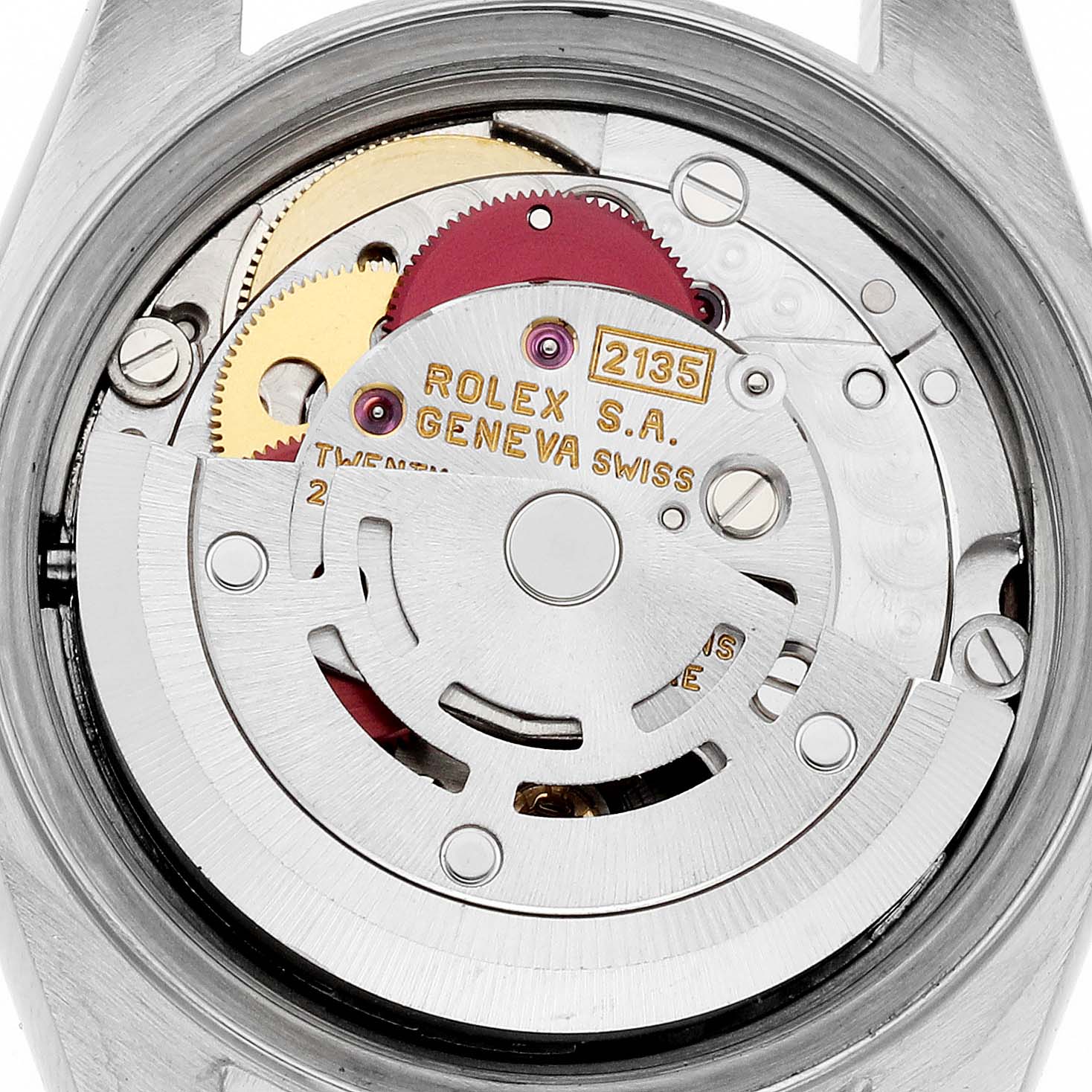 The image shows the movement mechanism of a Rolex Datejust 69174 Women's Stainless Steel Pink Dial 69174 Women's Stainless Steel Pink Dial watch viewed from the back.