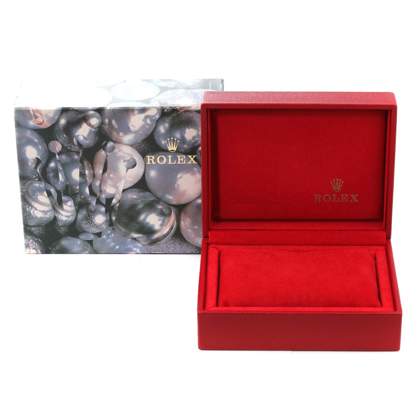 The image shows an open red Rolex watch box and an outer box with a decorative design for the Datejust model.