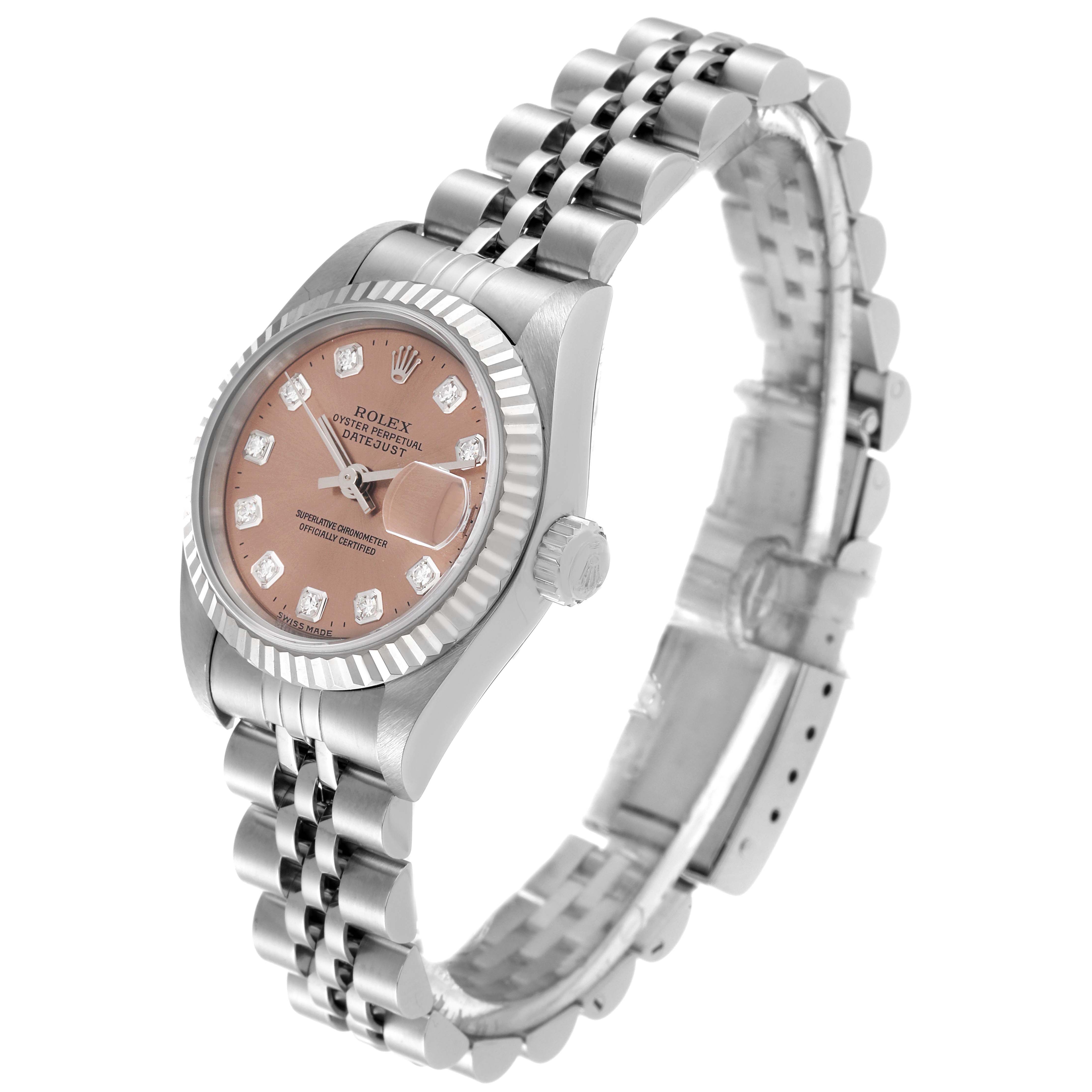 The image shows a side angle of a Rolex Datejust 79174 Women's Stainless Steel Pink Dial 79174 Women's Stainless Steel Pink Dial watch, highlighting its bracelet, dial, and bezel.