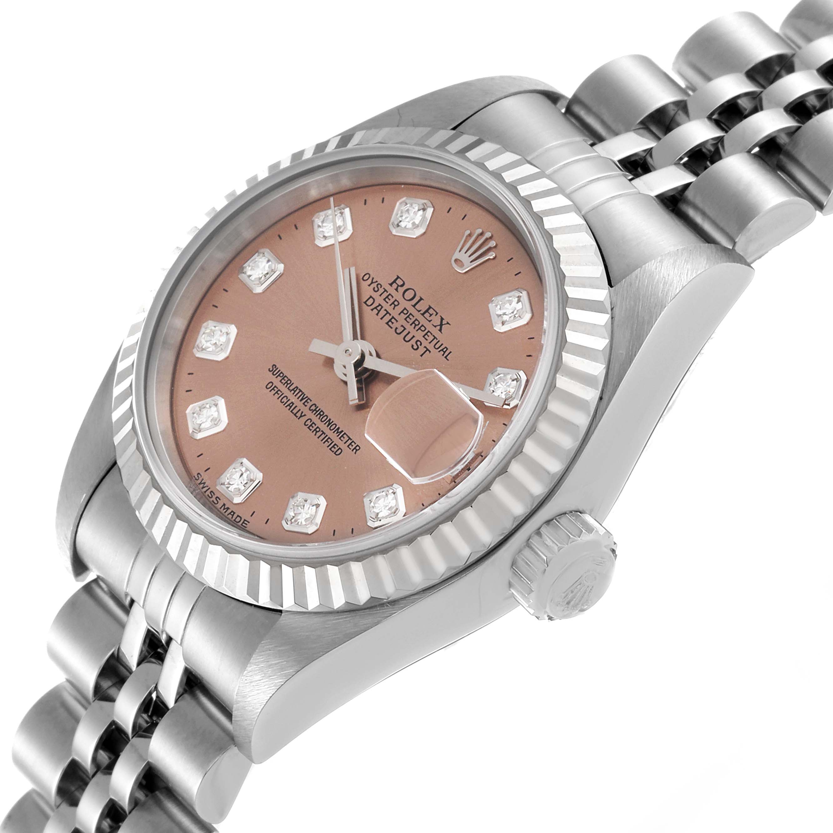 The image shows a side angle of the Rolex Datejust 79174 Women's Stainless Steel Pink Dial 79174 Women's Stainless Steel Pink Dial watch, highlighting its case, bezel, dial, bracelet, and crown.