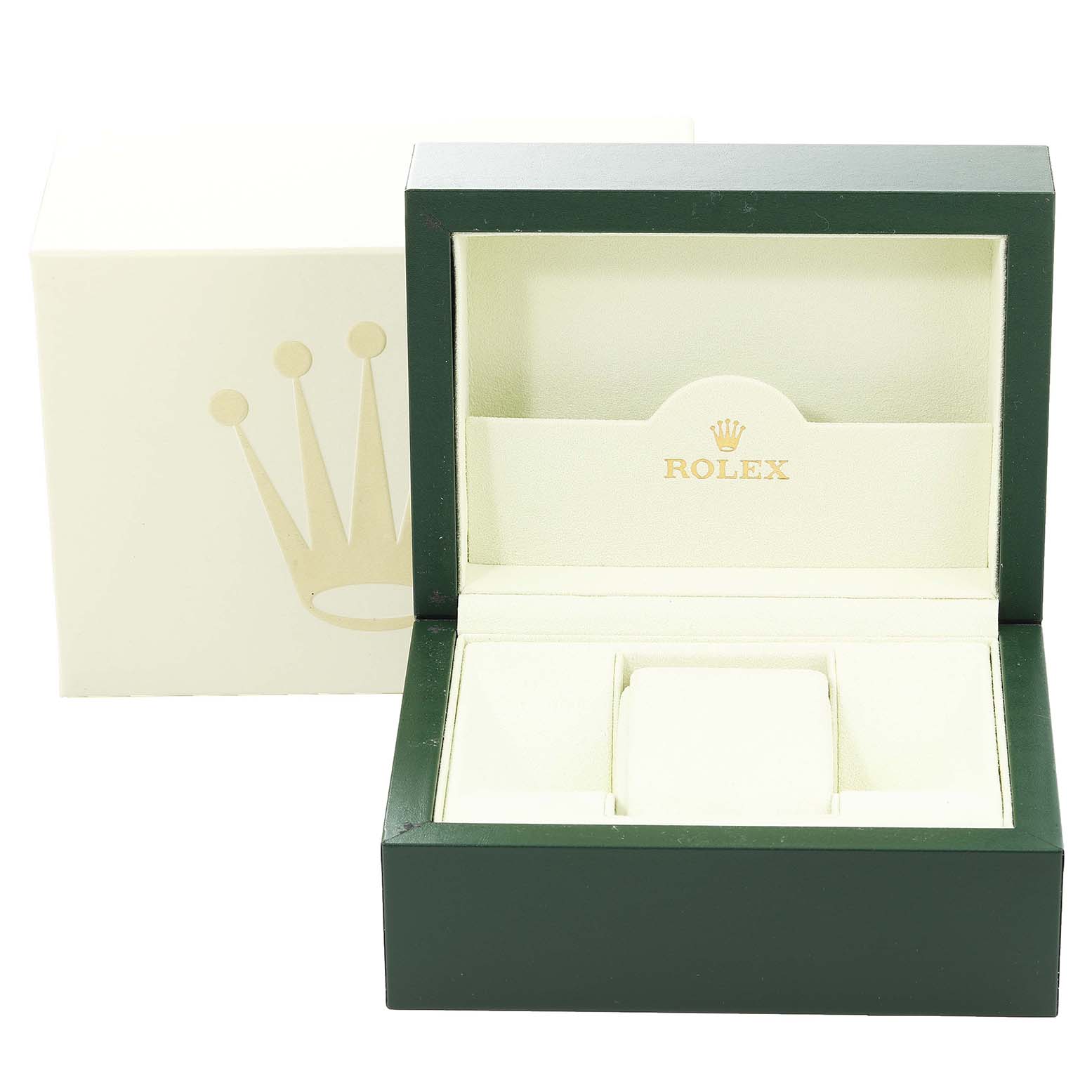 The image shows an open Rolex Datejust 116234 Men's Stainless Steel Silver Dial 116234 Men's Stainless Steel Silver Dial watch box with its outer packaging.