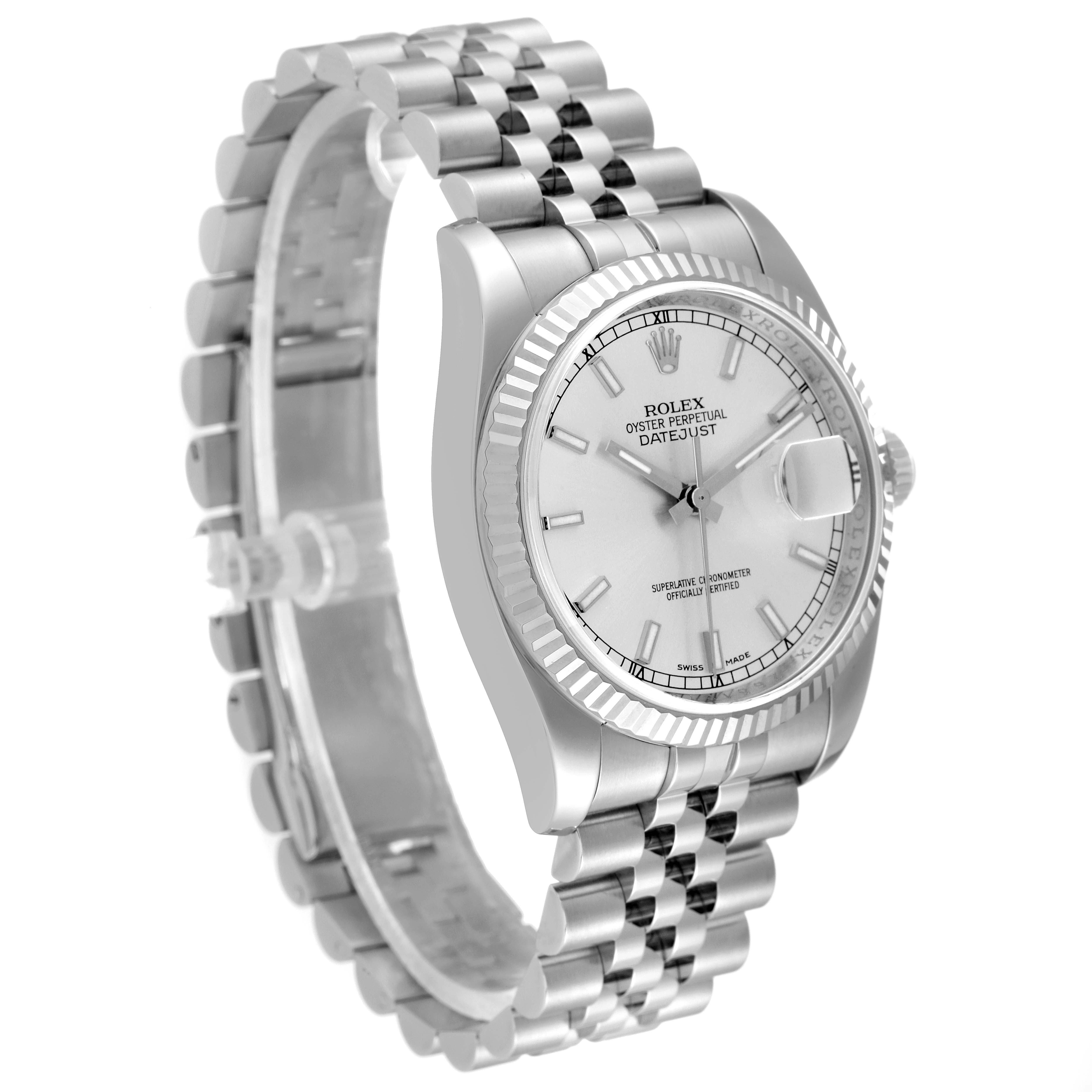 This image shows a Rolex Datejust 116234 Men's Stainless Steel Silver Dial 116234 Men's Stainless Steel Silver Dial watch at a three-quarter angle, displaying the face, bezel, and bracelet.
