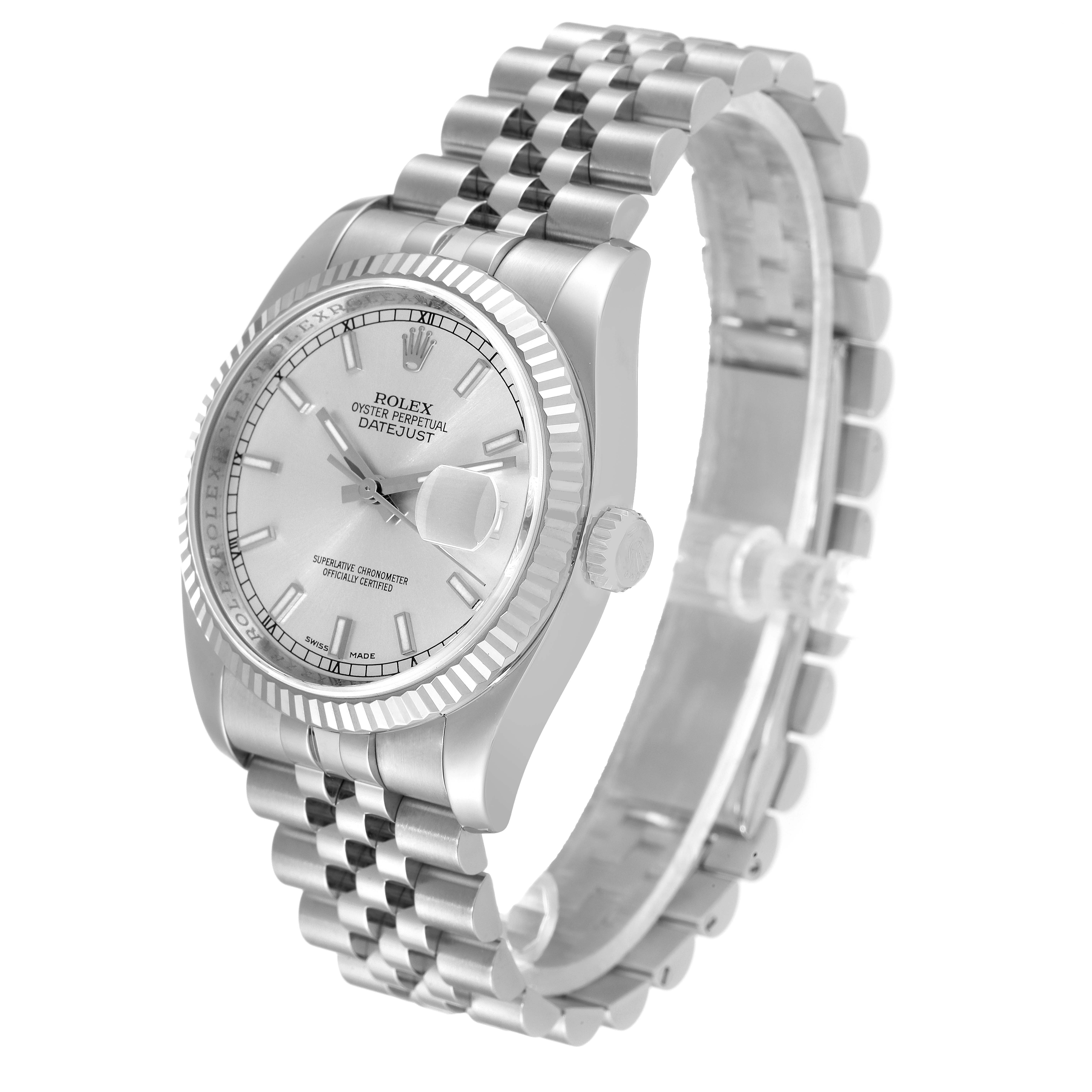 The image shows a Rolex Datejust 116234 Men's Stainless Steel Silver Dial 116234 Men's Stainless Steel Silver Dial watch at a slight angled view, featuring the face, bezel, crown, and Jubilee bracelet.