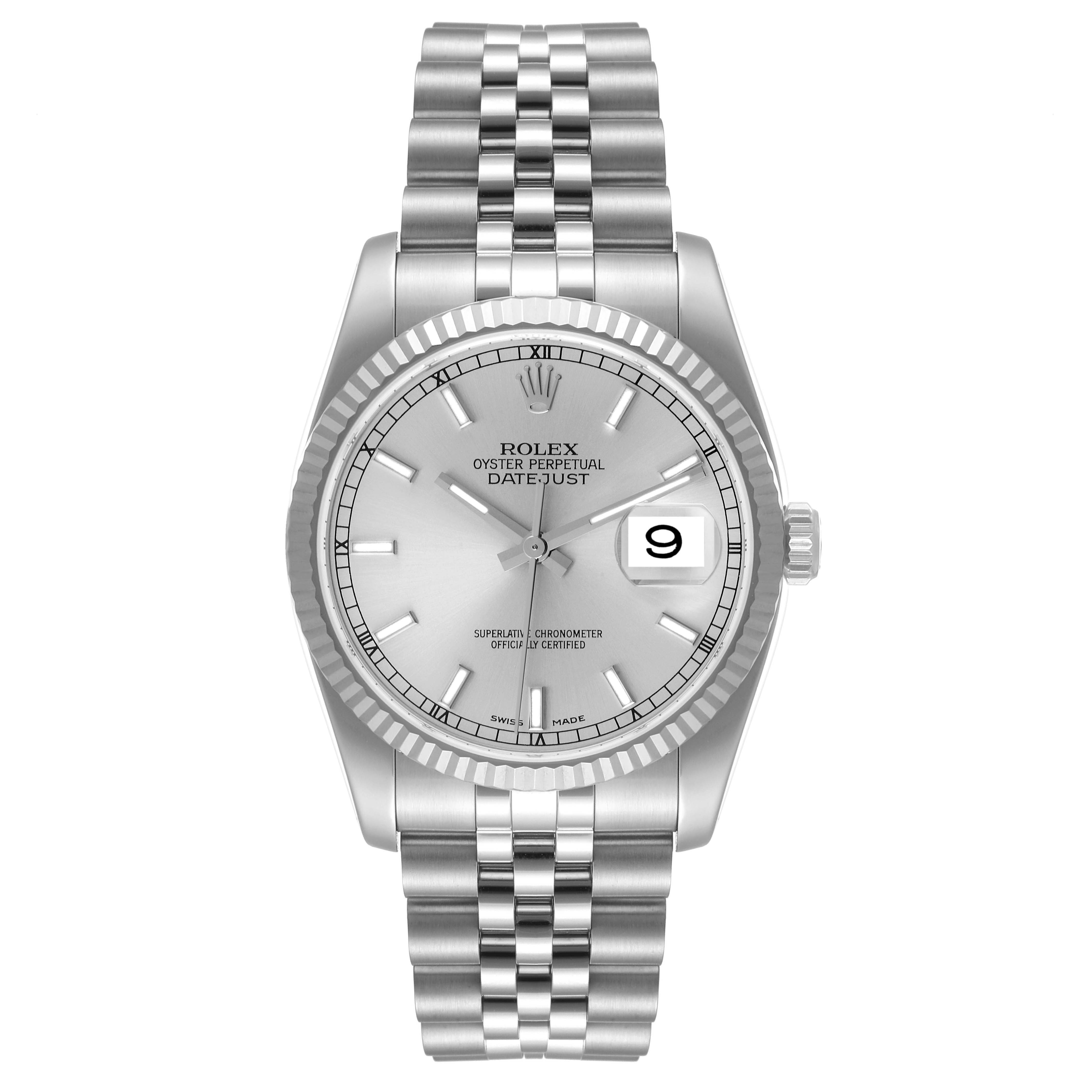 The image shows a front view of a Rolex Datejust 116234 Men's Stainless Steel Silver Dial 116234 Men's Stainless Steel Silver Dial watch, featuring its face, bezel, and jubilee bracelet.