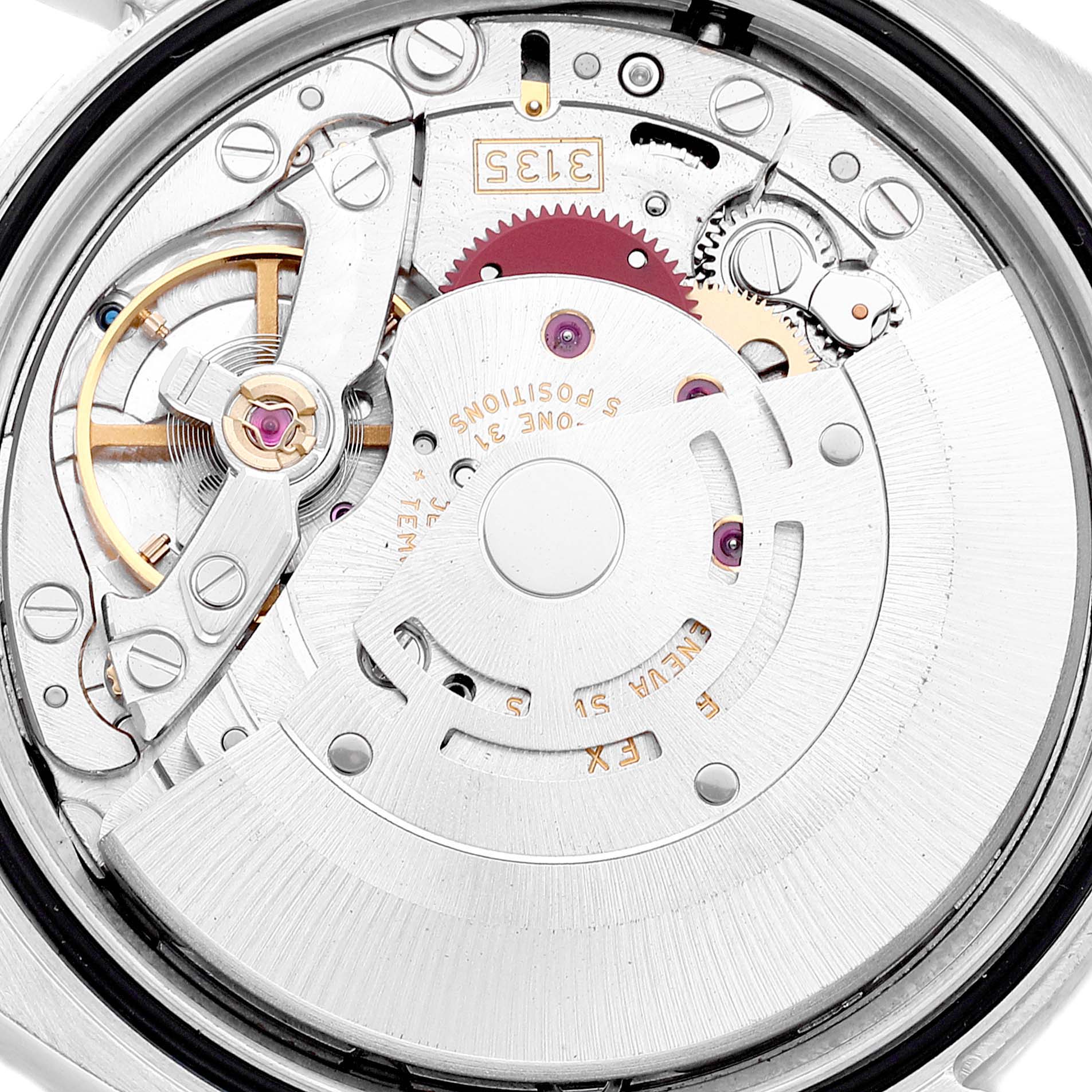 The image shows the internal mechanism and movement parts of a Rolex Datejust 116234 Men's Stainless Steel Silver Dial 116234 Men's Stainless Steel Silver Dial model watch at a close-up angle.