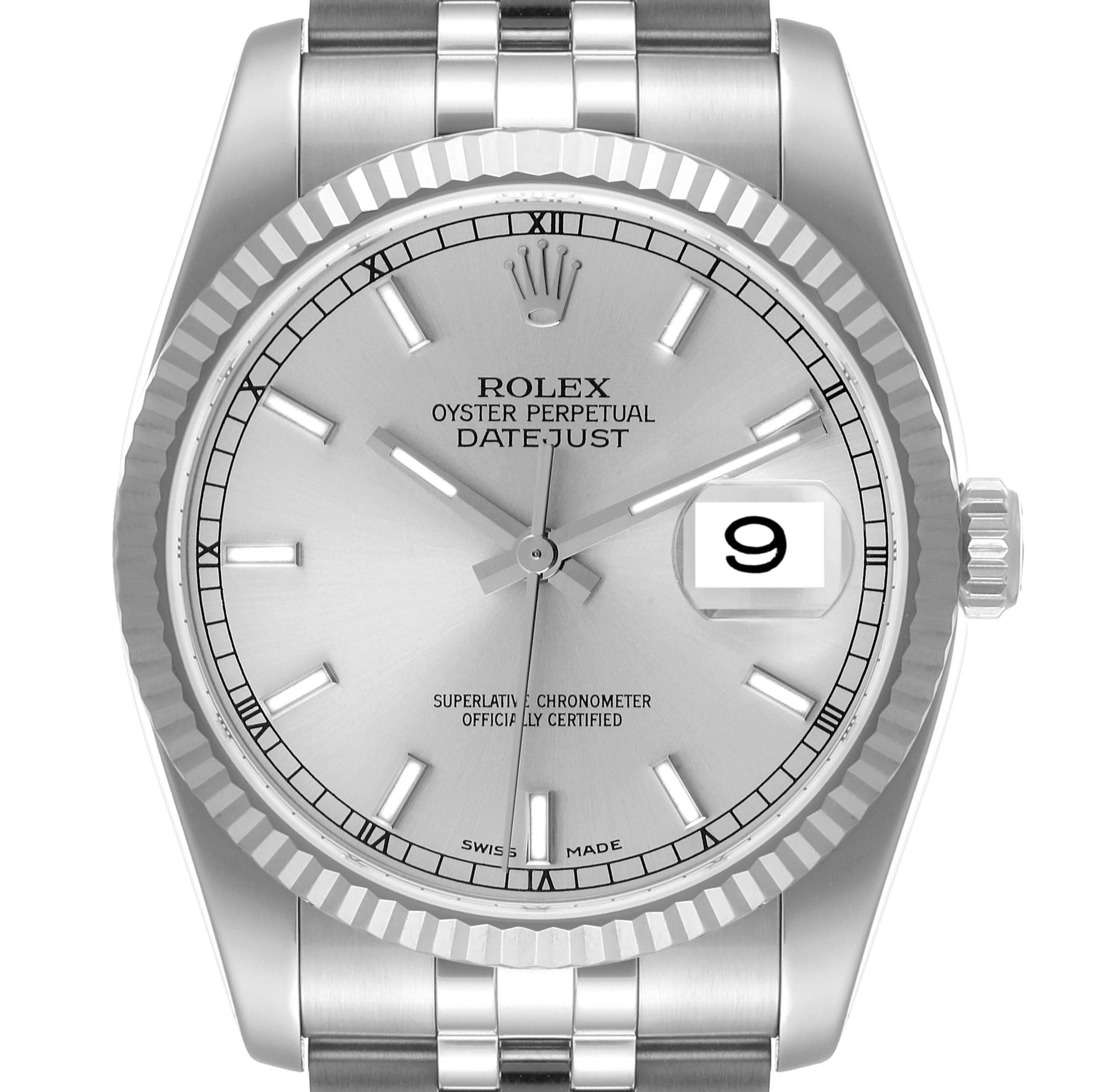 The image shows a front view of the Rolex Datejust 116234 Men's Stainless Steel Silver Dial 116234 Men's Stainless Steel Silver Dial watch, featuring the dial, hands, date window, and the fluted bezel.
