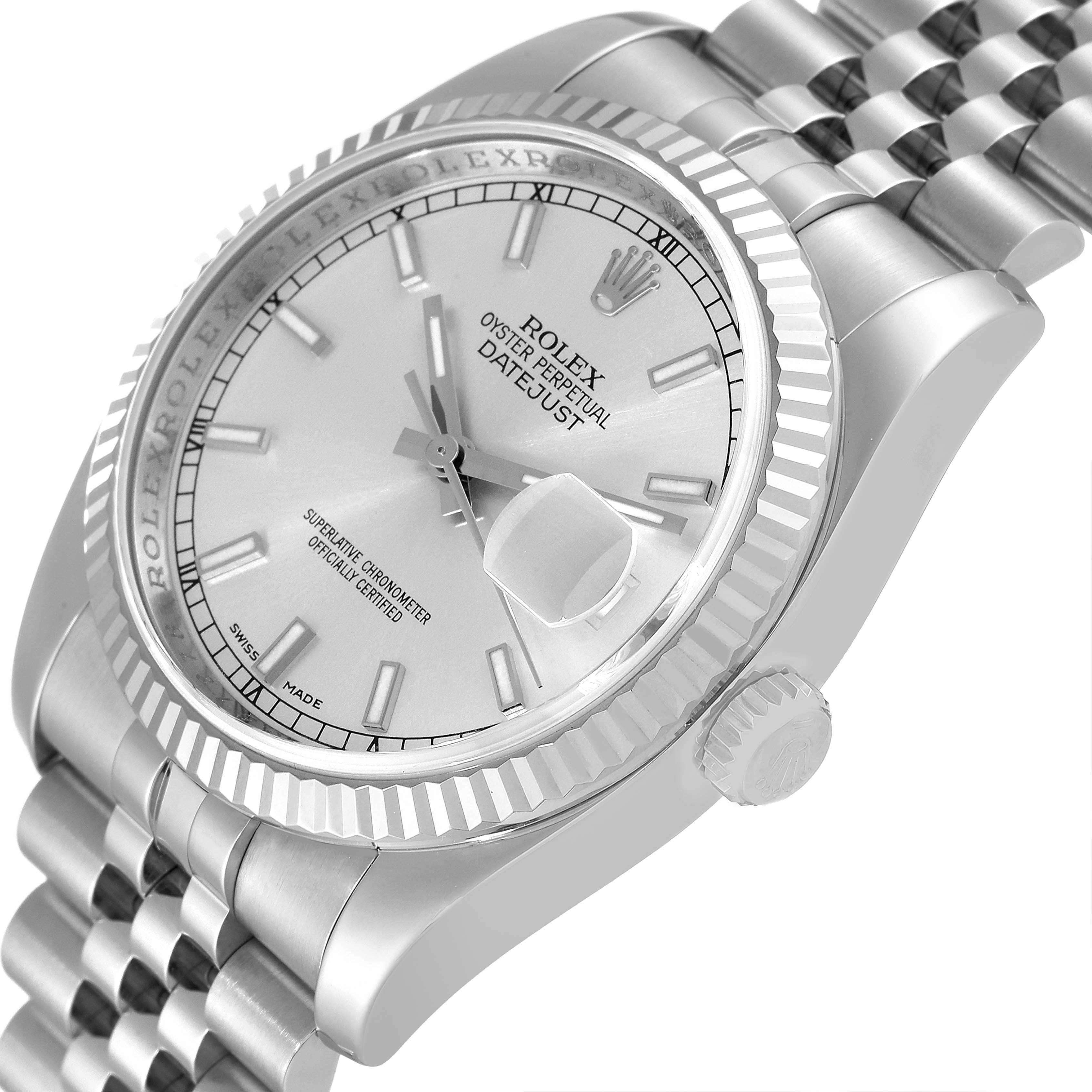 The image shows a close-up side angle of a Rolex Datejust 116234 Men's Stainless Steel Silver Dial 116234 Men's Stainless Steel Silver Dial watch displaying the dial, crown, bezel, and part of the bracelet.