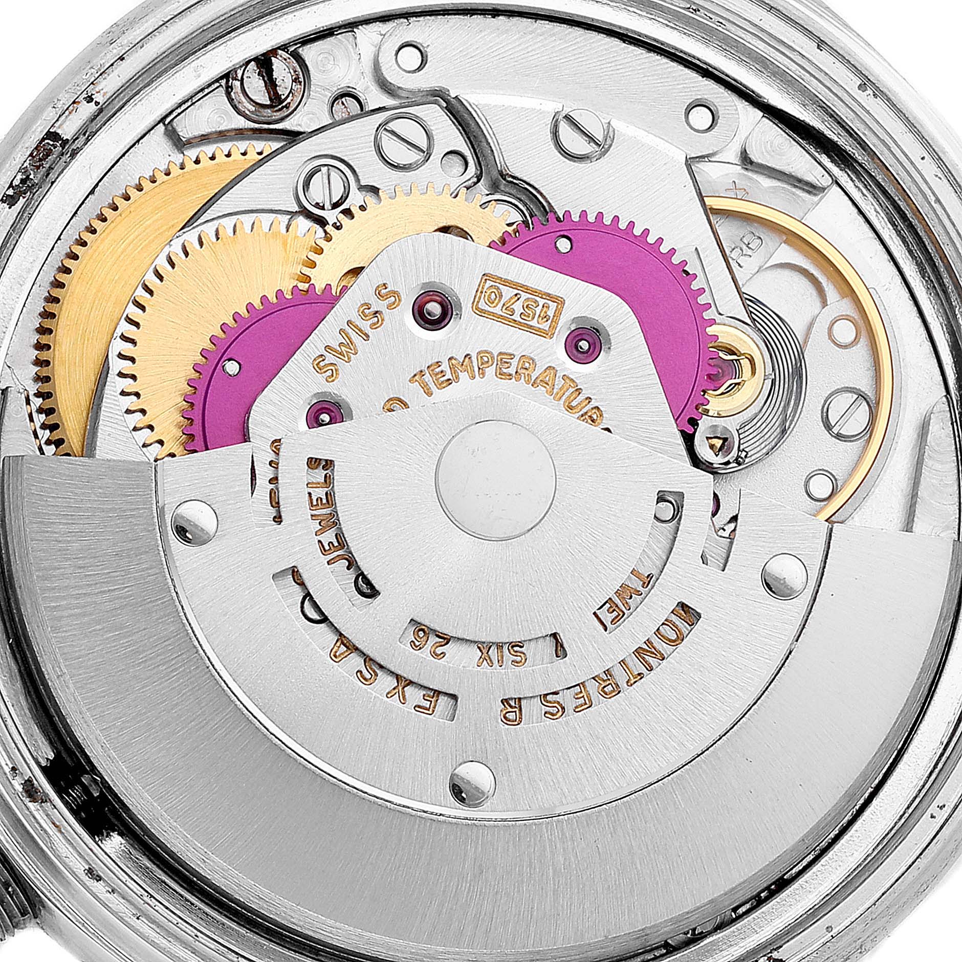 This image shows the internal mechanism of a Rolex Datejust 1601 Men
s Stainless Steel Silver Dial 1601 Men
s Stainless Steel Silver Dial watch, focusing on the escapement and gear train.