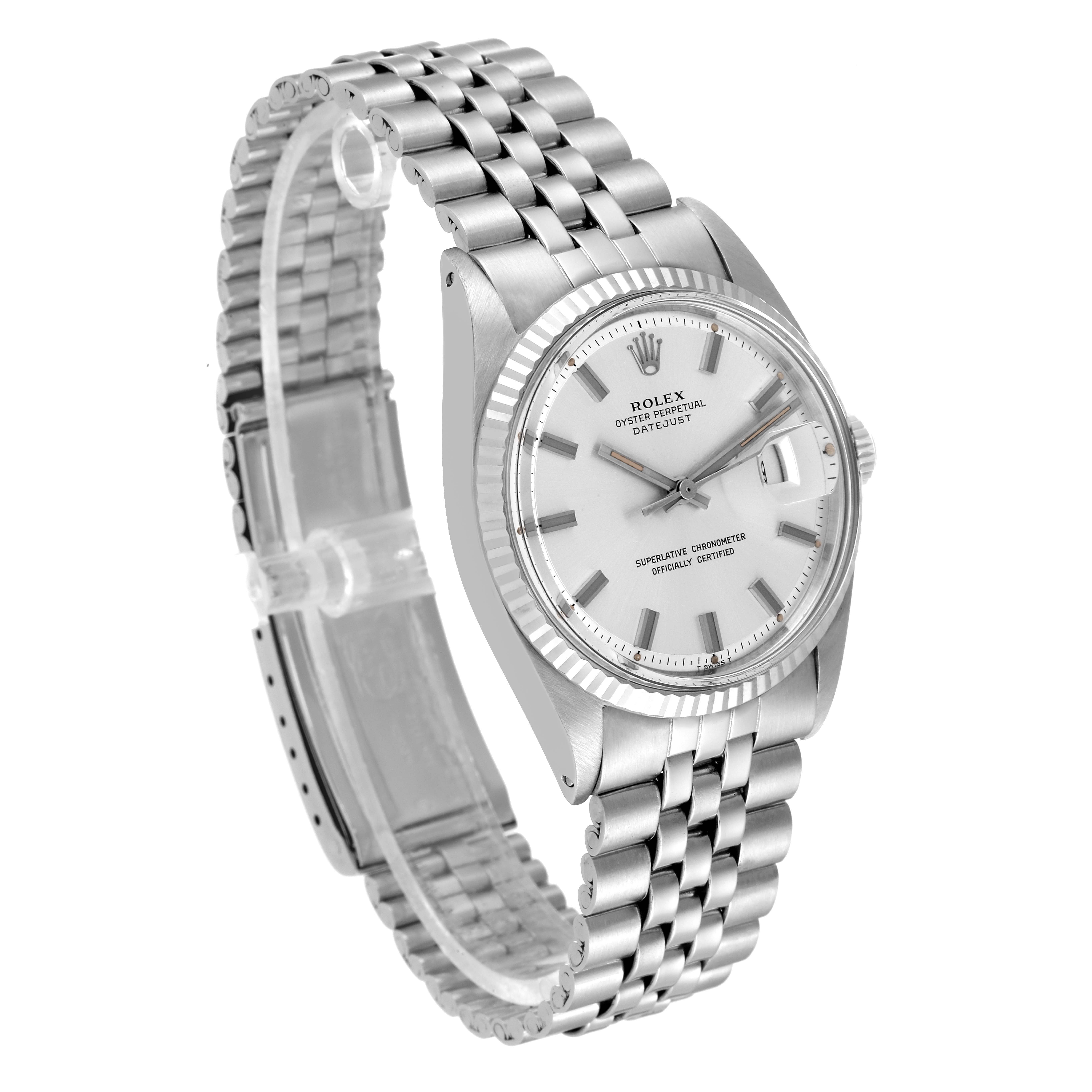 The Rolex Datejust 1601 Men
s Stainless Steel Silver Dial 1601 Men
s Stainless Steel Silver Dial watch is shown at a three-quarter angle, displaying the face, bezel, and metal bracelet.