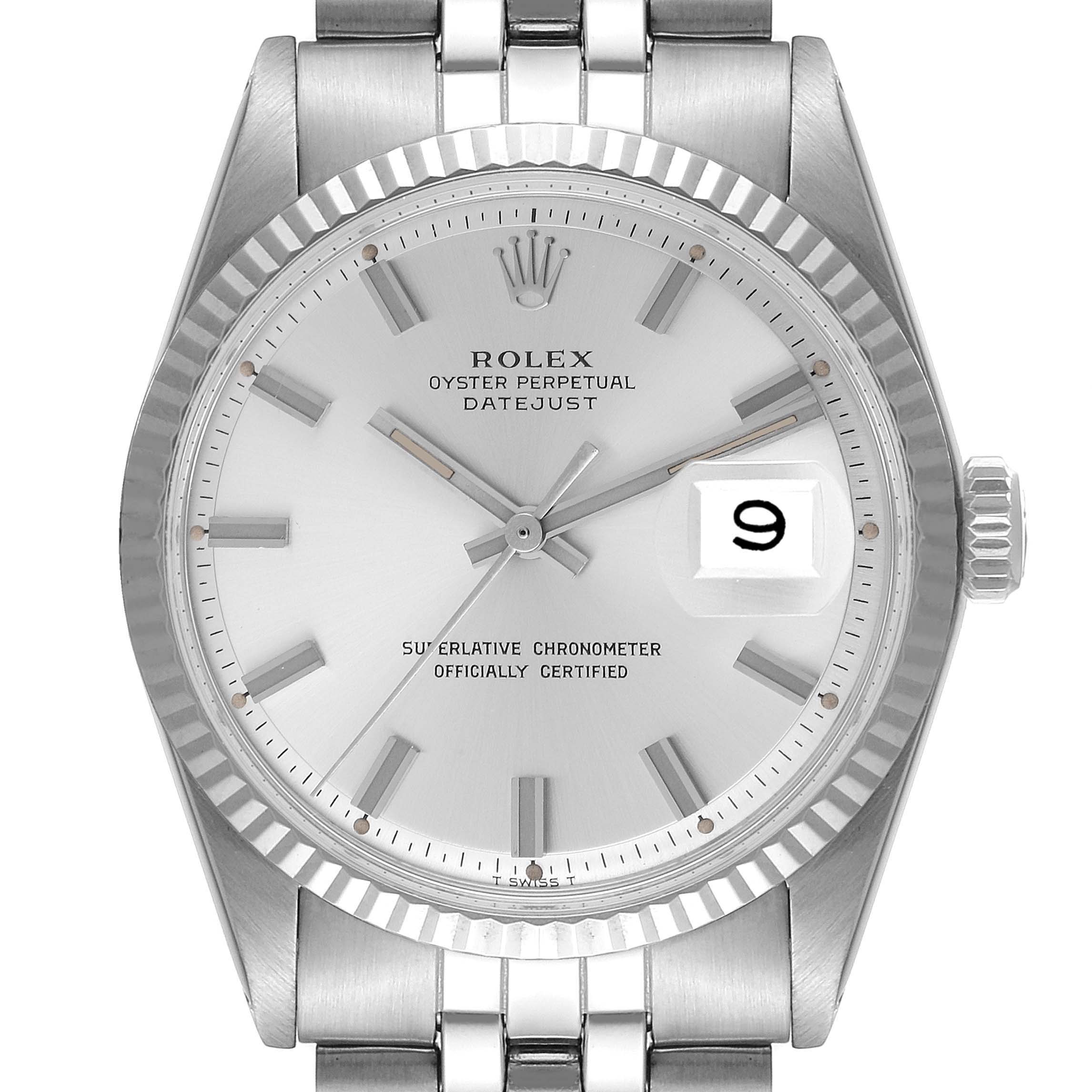 The image shows a frontal view of the Rolex Datejust 1601 Men
s Stainless Steel Silver Dial 1601 Men
s Stainless Steel Silver Dial watch, displaying its dial, bezel, hour markers, hands, and date window.