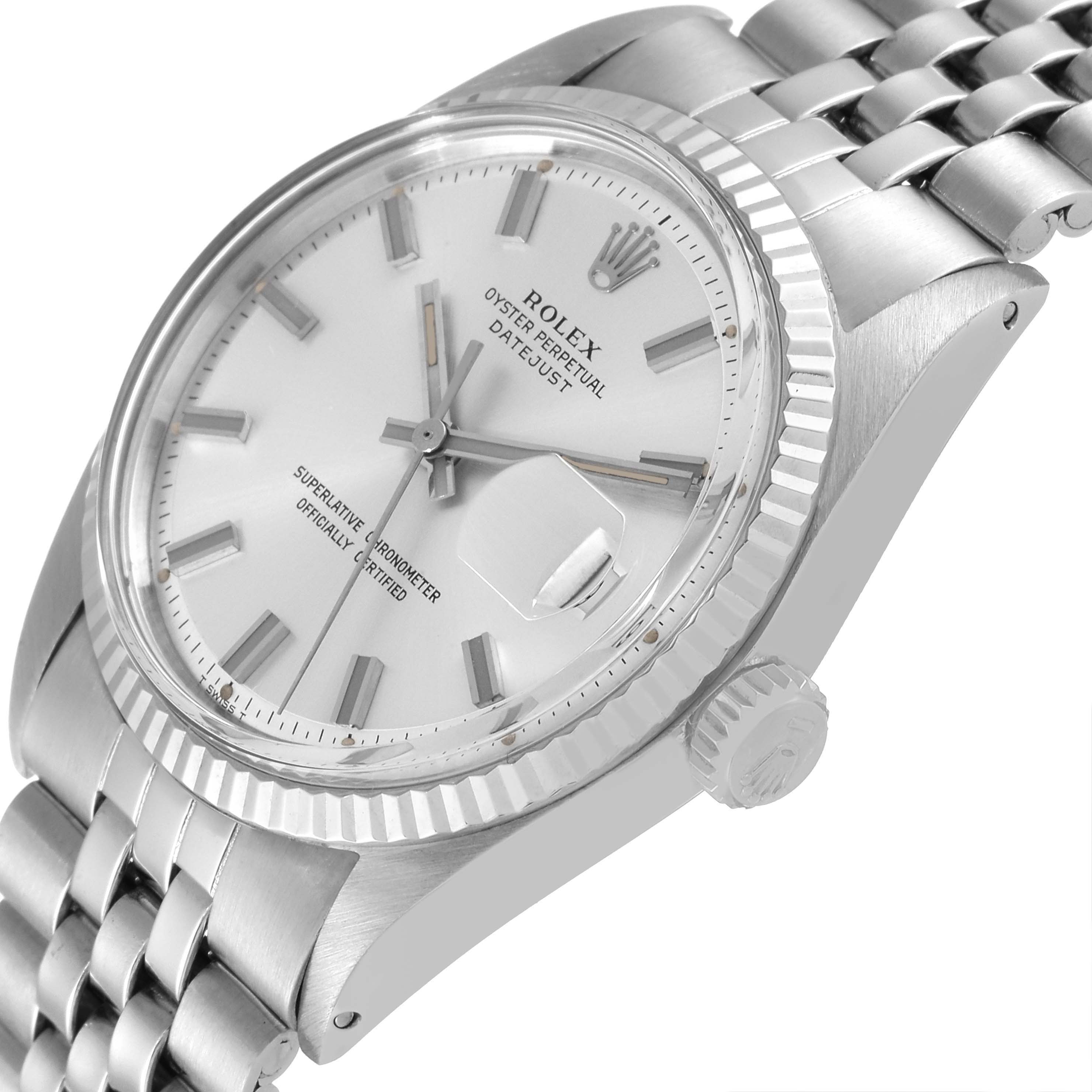 The image shows a close-up angled view of the Rolex Datejust 1601 Men
s Stainless Steel Silver Dial 1601 Men
s Stainless Steel Silver Dial watch, highlighting the dial, bezel, crown, and part of the bracelet.