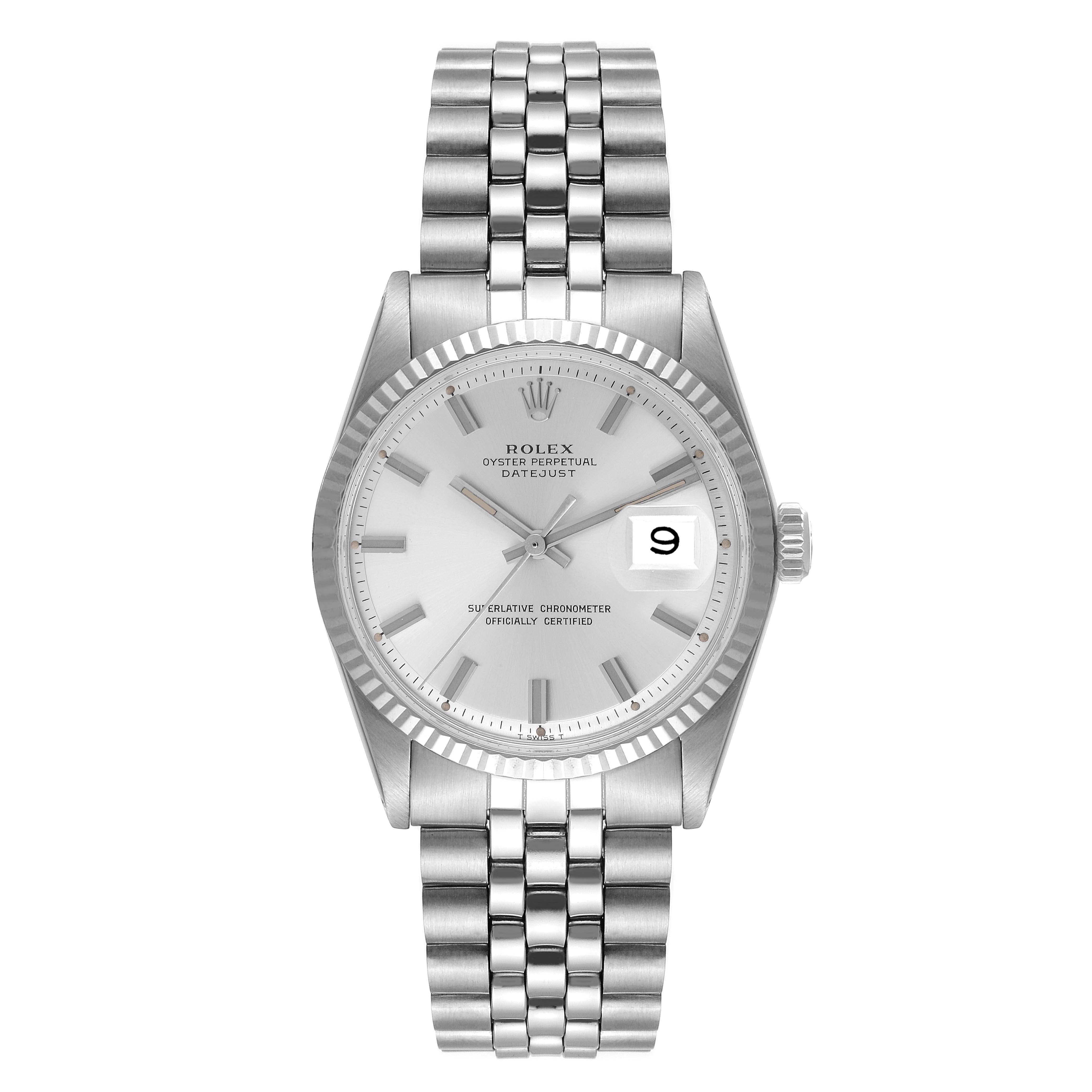 The image shows a front view of the Rolex Datejust 1601 Men
s Stainless Steel Silver Dial 1601 Men
s Stainless Steel Silver Dial watch, highlighting the dial, bezel, bracelet, and date window.