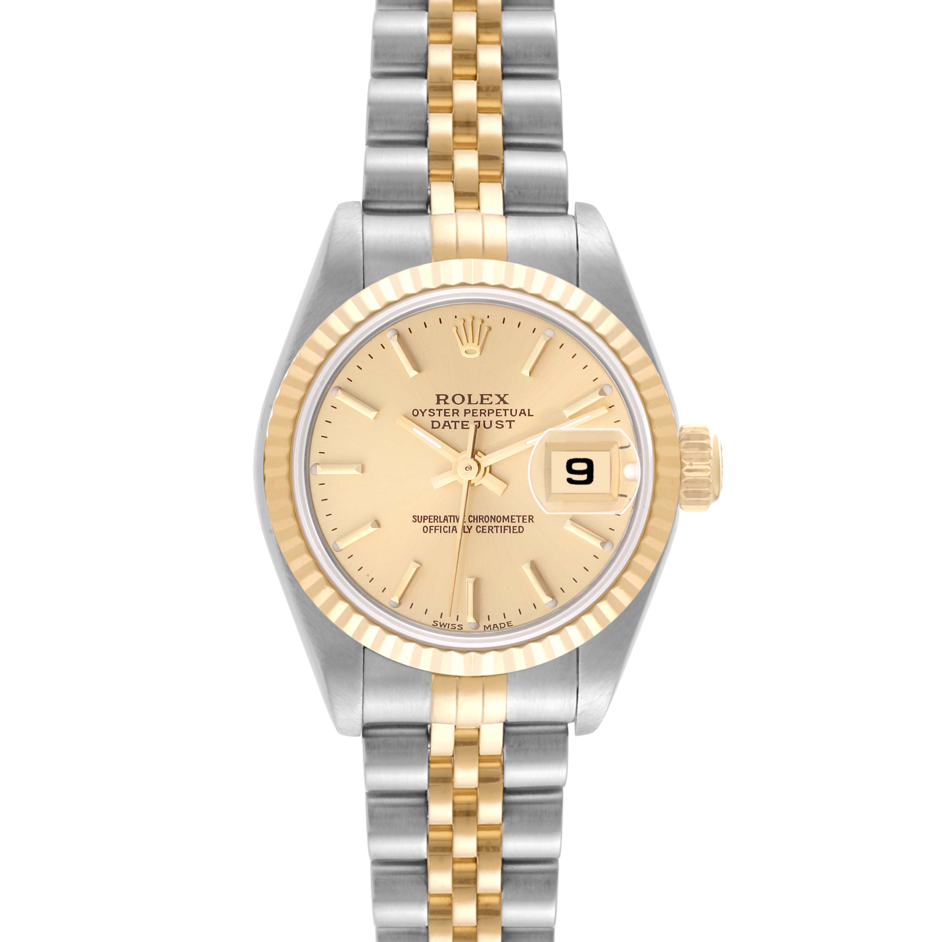 The image shows a Rolex Datejust 79173 Women's Steel and Gold (two tone) Champagne Dial 79173 Women's Steel and Gold (two tone) Champagne Dial watch from a top-down angle, highlighting the dial, bezel, and bracelet.