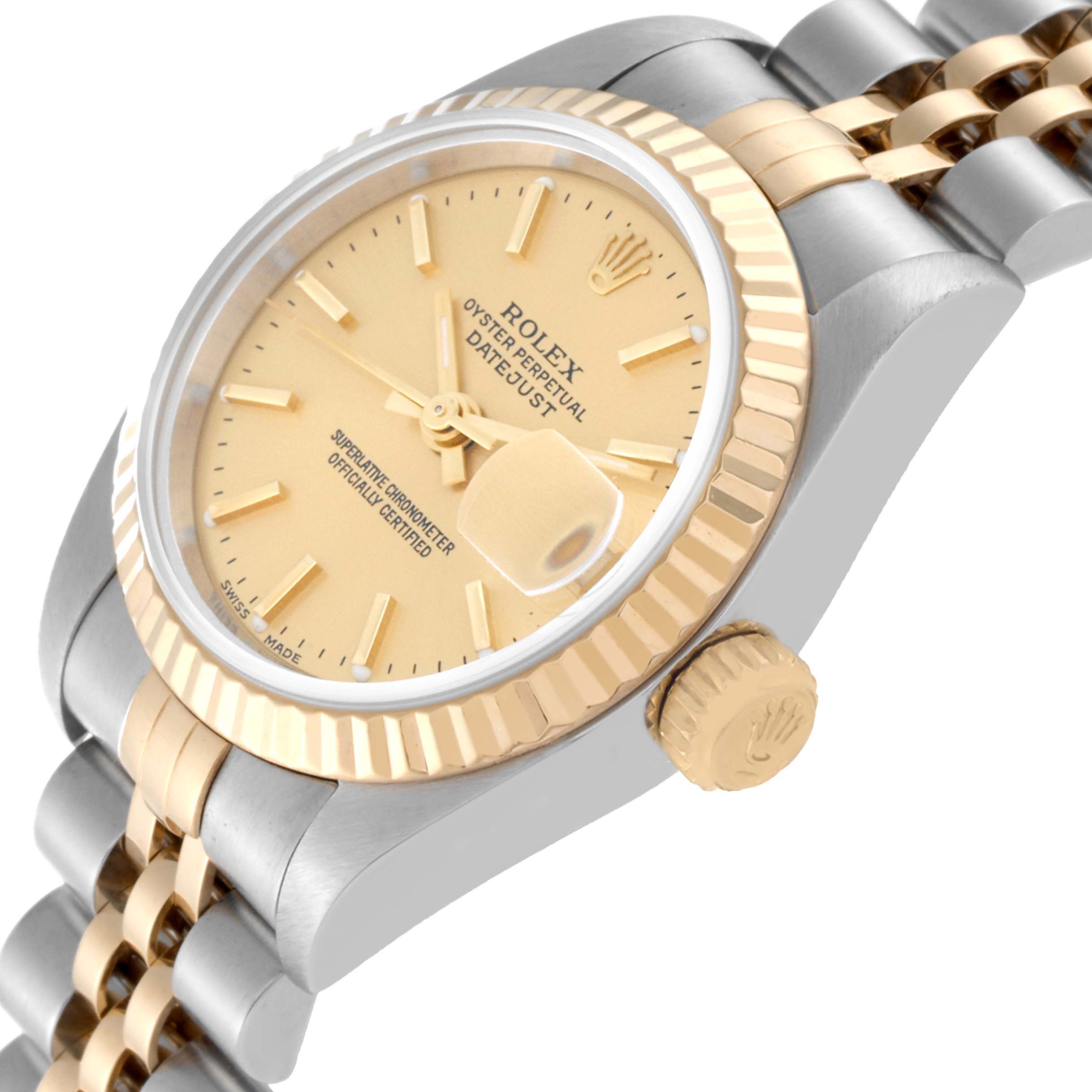 The image features a side angle of a Rolex Datejust 79173 Women's Steel and Gold (two tone) Champagne Dial 79173 Women's Steel and Gold (two tone) Champagne Dial watch, showcasing its dial, fluted bezel, crown, and Jubilee bracelet.
