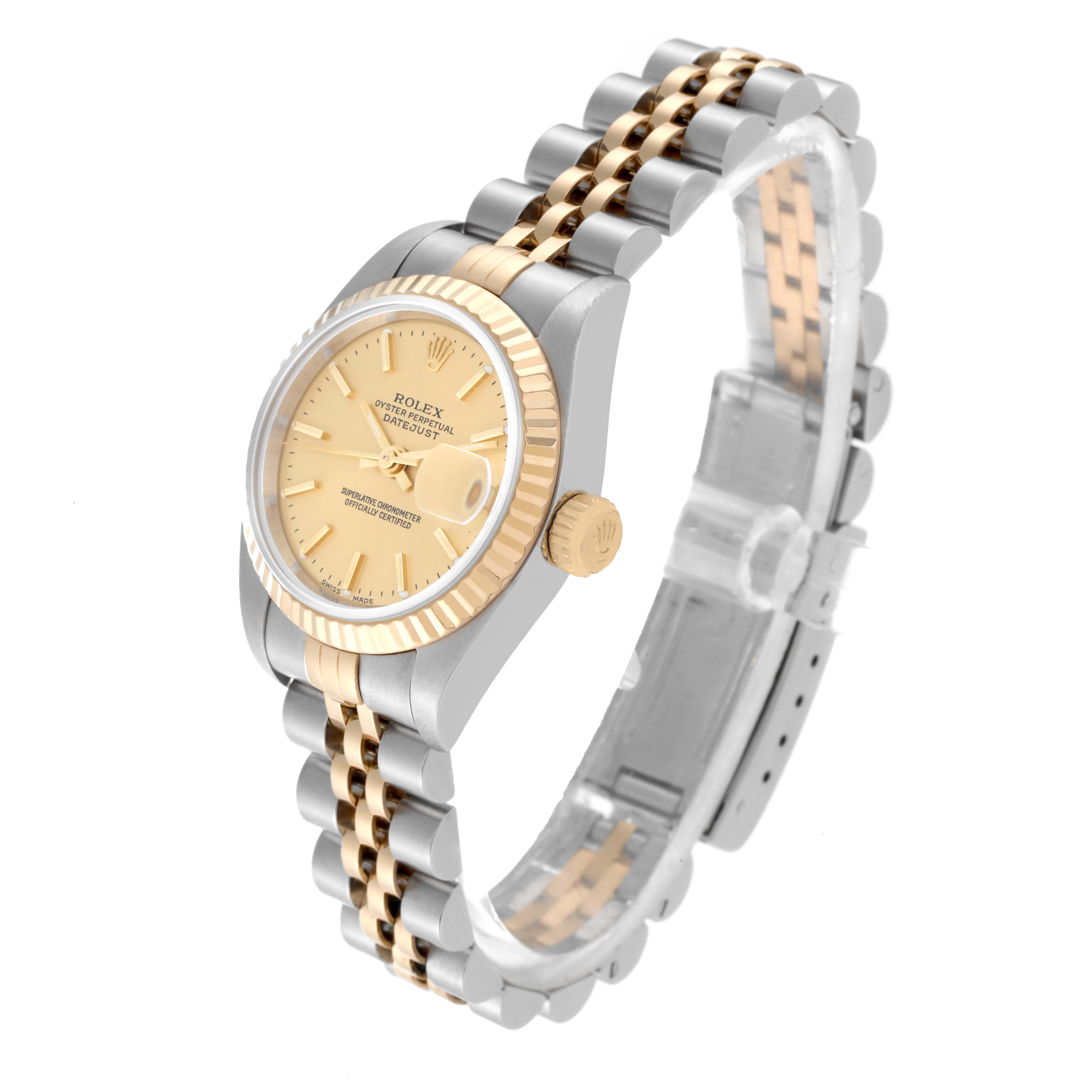 This image shows a Rolex Datejust 79173 Women's Steel and Gold (two tone) Champagne Dial 79173 Women's Steel and Gold (two tone) Champagne Dial watch at an oblique angle, highlighting the bezel, dial, crown, and jubilee bracelet.