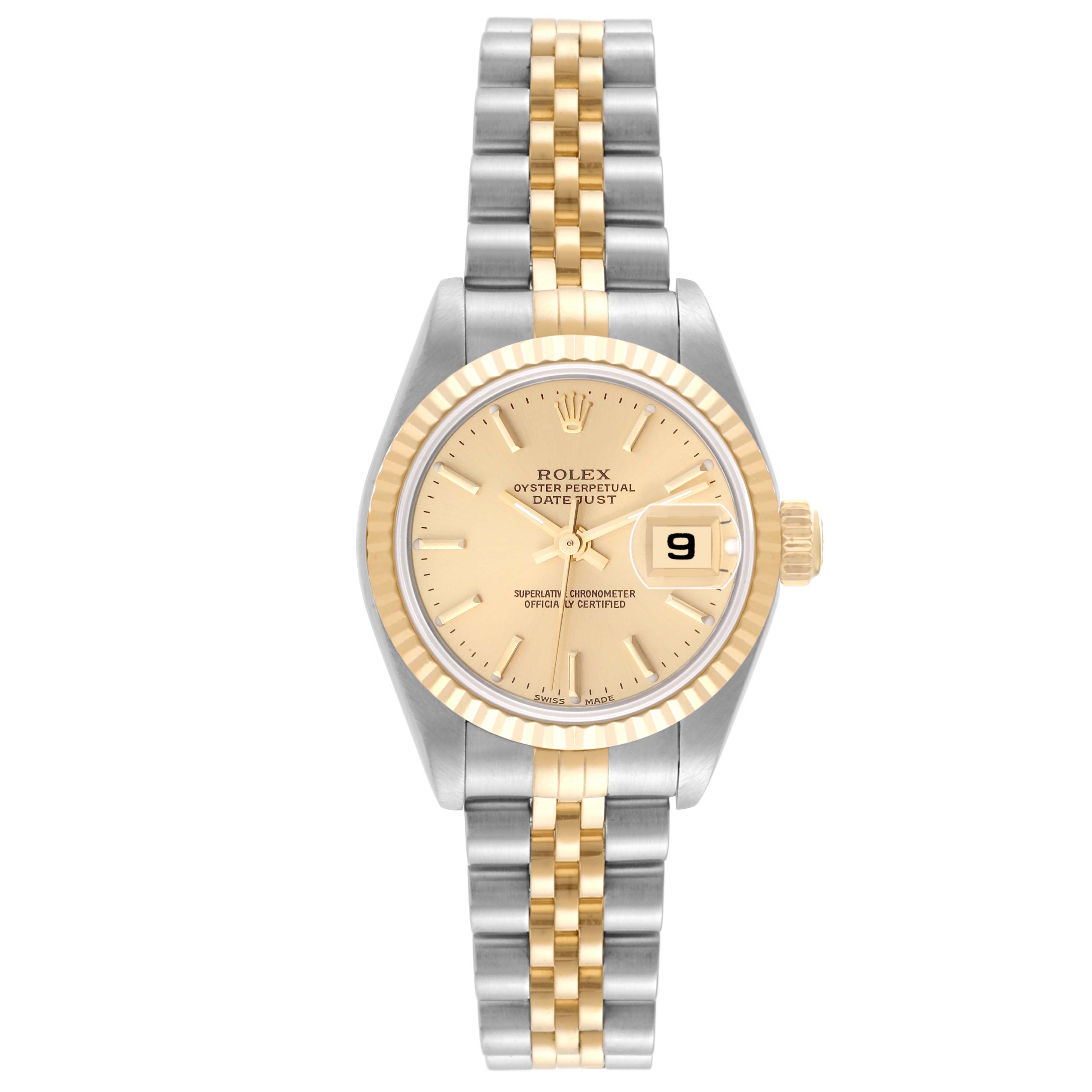 This is a front view of a Rolex Datejust 79173 Women's Steel and Gold (two tone) Champagne Dial 79173 Women's Steel and Gold (two tone) Champagne Dial watch, showing the face, dial, bracelet, and crown.