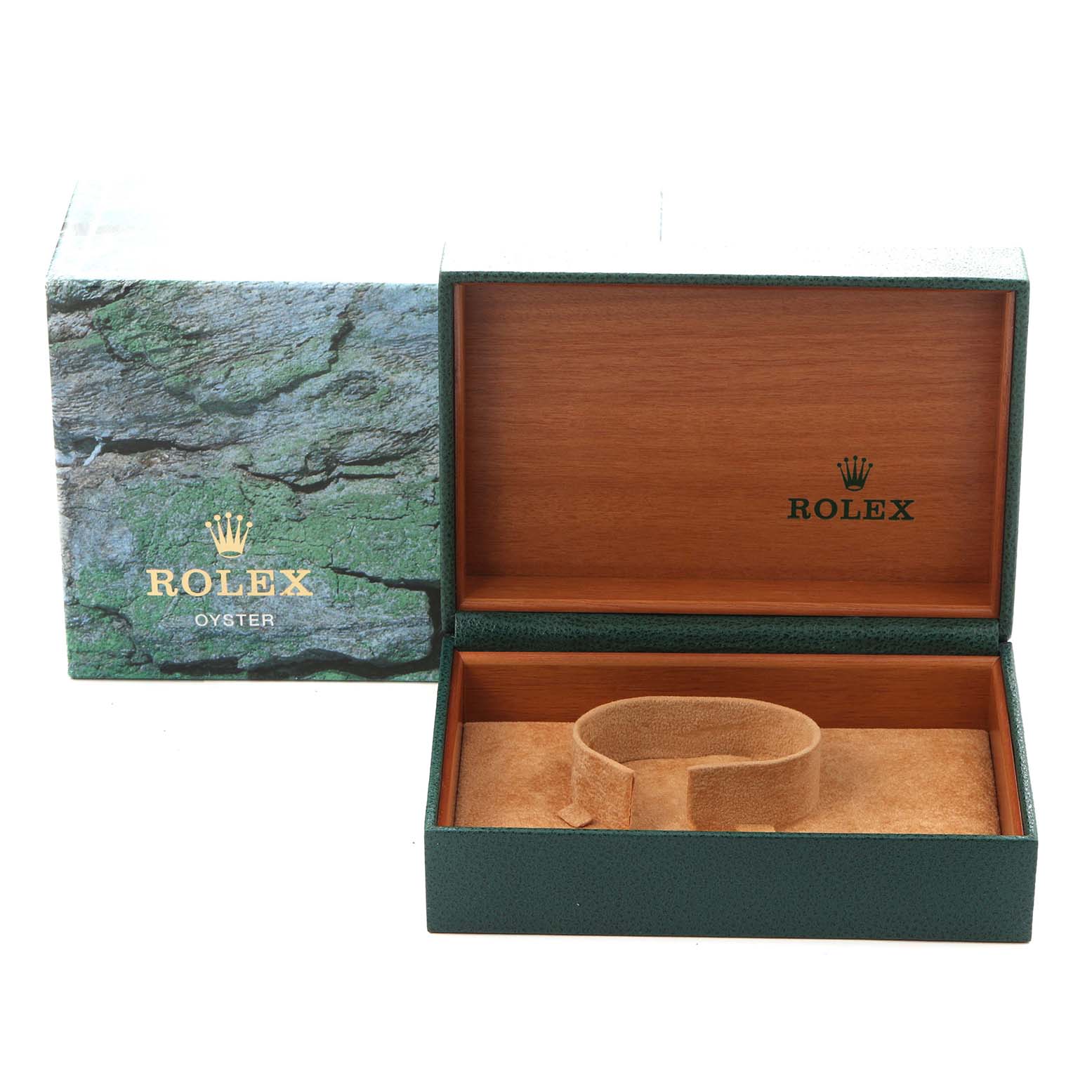 The image shows an open Rolex watch box for a Datejust model, number 16233, with the interior cushion and an outer box, both prominently displaying the brand.