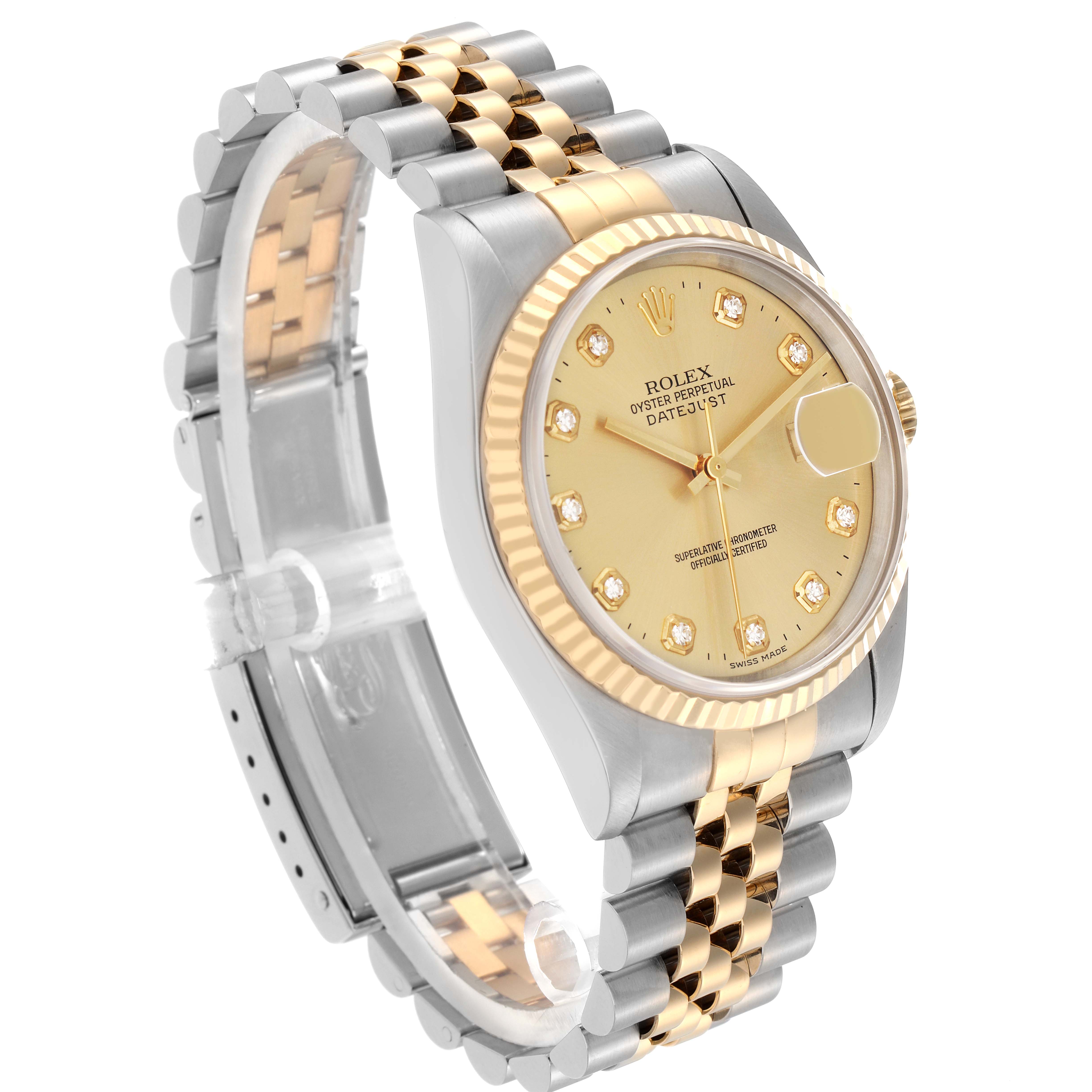 The Rolex Datejust model 16233 is shown at a three-quarter angle, highlighting the gold dial, fluted bezel, and two-tone jubilee bracelet.