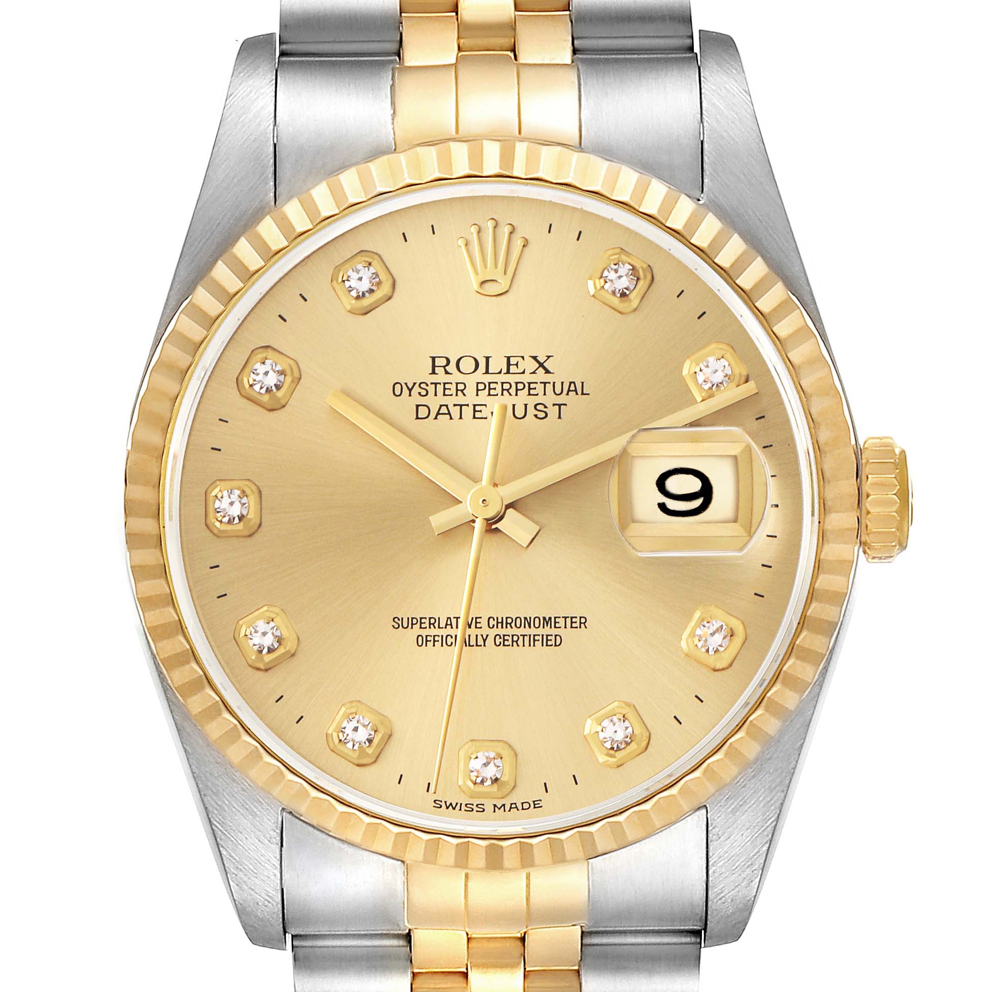 The Rolex Datejust model 16233 is shown from a front angle, highlighting its gold dial, diamond hour markers, and two-tone bracelet.