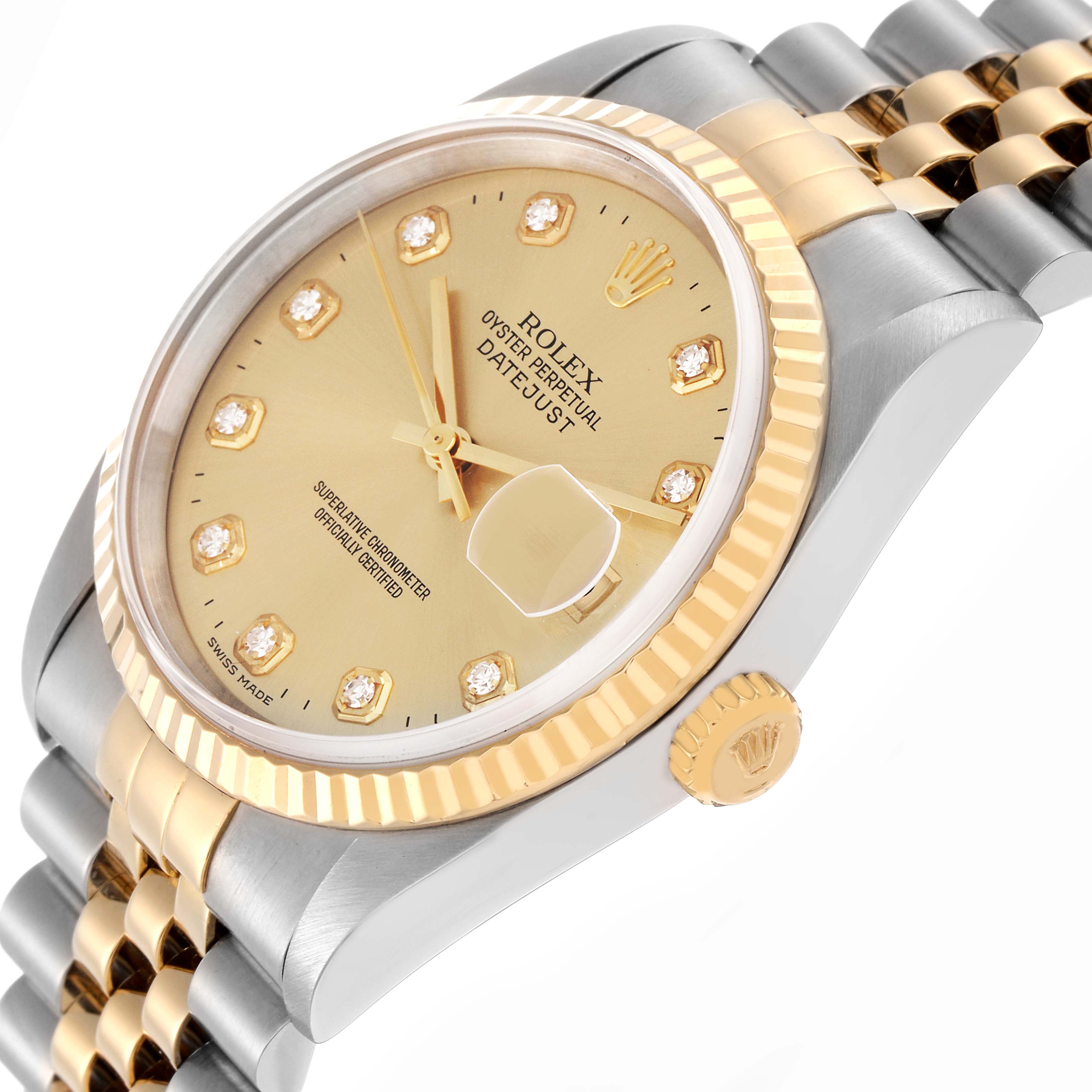 The image shows a Rolex Datejust model 16233 men's watch from an angled side view, highlighting the gold and silver jubilee bracelet, fluted bezel, and diamond hour markers.