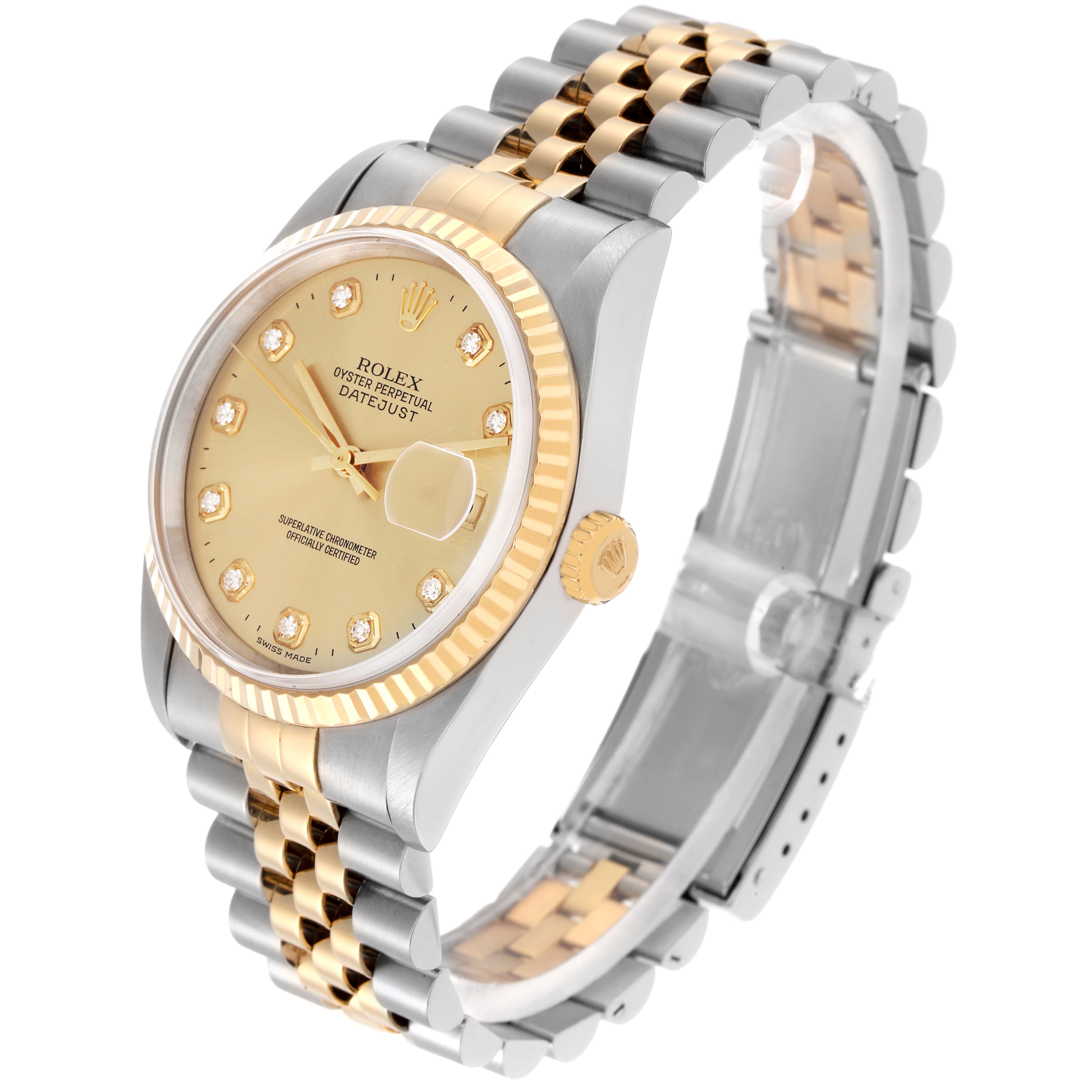 The Rolex Datejust model 16233 is shown at a three-quarter angle, displaying the gold and silver Jubilee bracelet, fluted bezel, dial, and crown.