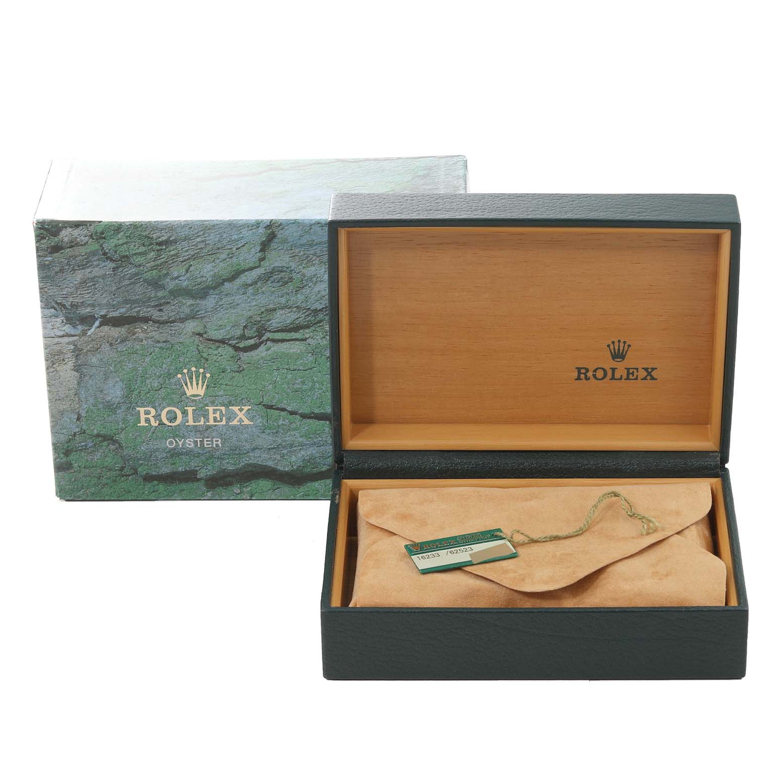 The image shows an empty open box and outer box for the Rolex Datejust 16233 Men's Steel and Gold (two tone) White Dial 16233 Men's Steel and Gold (two tone) White Dial, displaying the boxes and a tag accessory.