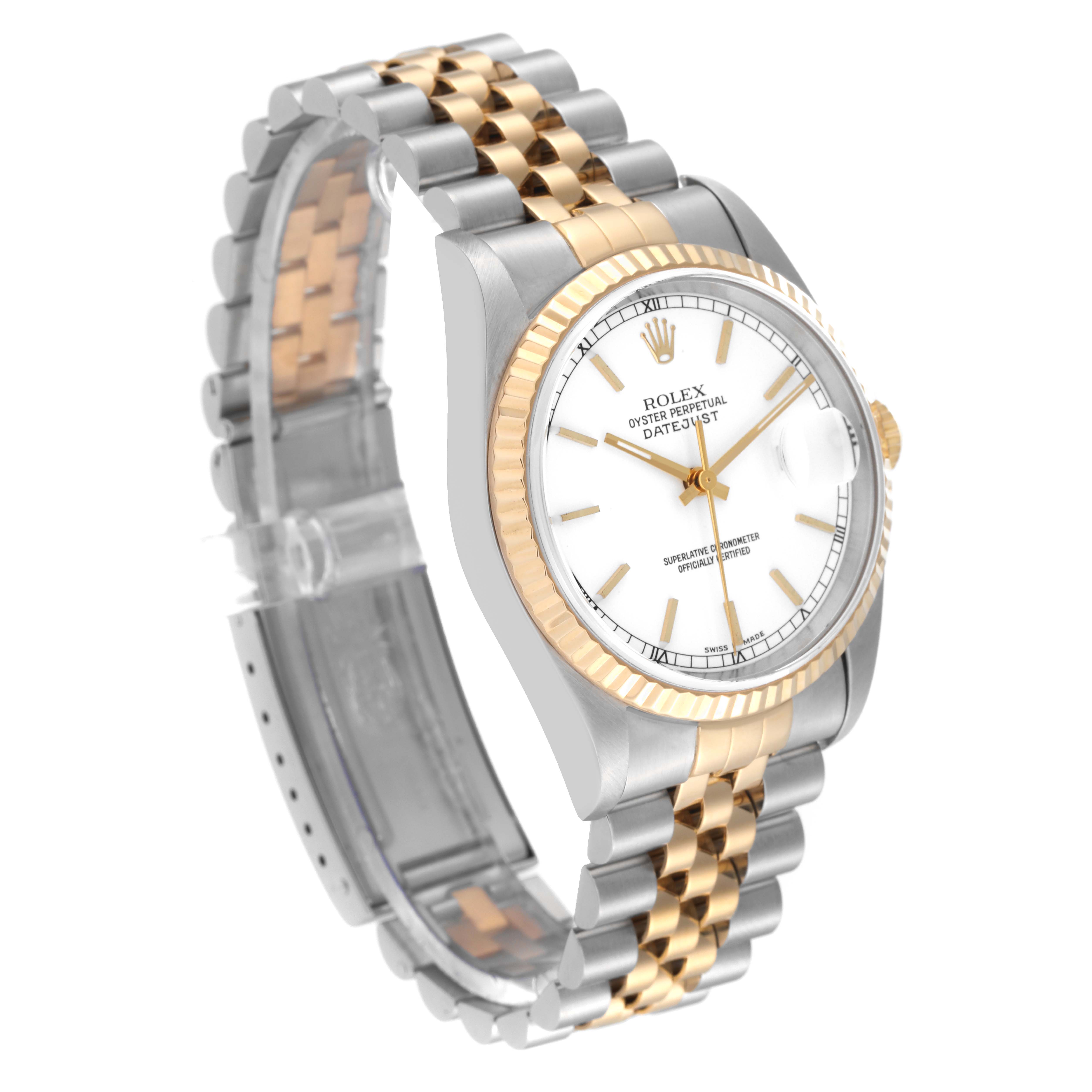The Rolex Datejust 16233 Men's Steel and Gold (two tone) White Dial 16233 Men's Steel and Gold (two tone) White Dial watch is captured at a side angle, showcasing its two-tone bracelet, fluted bezel, and white dial.