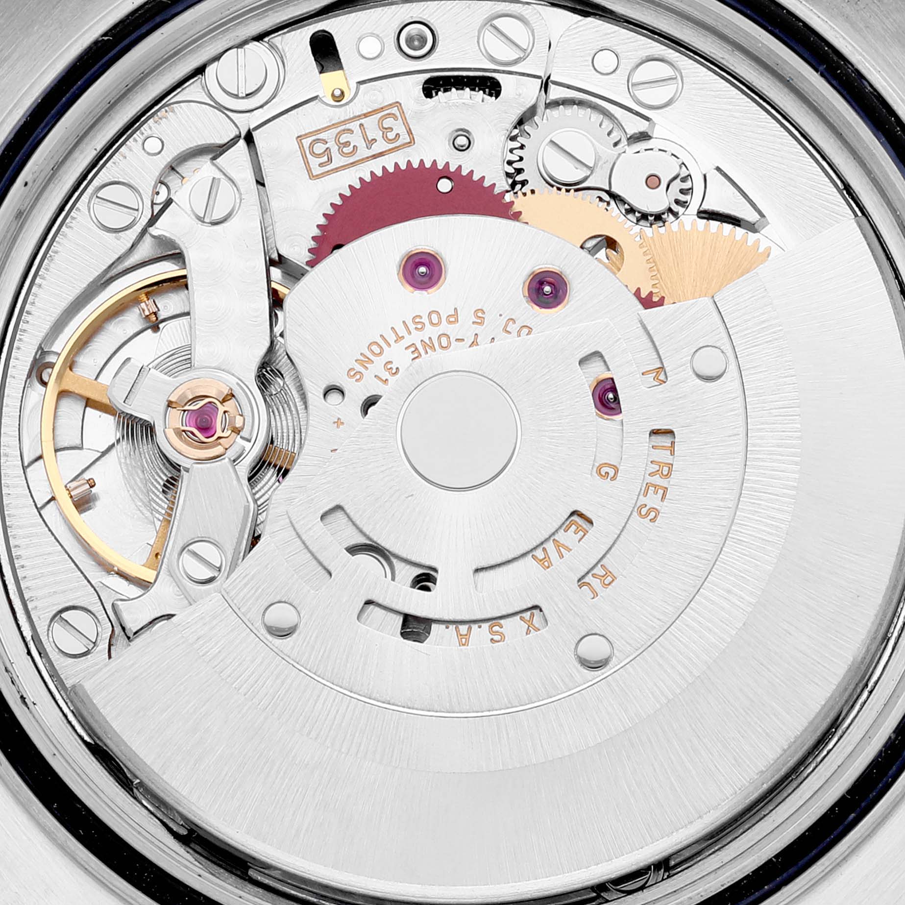 The image shows the internal mechanism of a Rolex Datejust 16233 Men's Steel and Gold (two tone) White Dial 16233 Men's Steel and Gold (two tone) White Dial watch from a close-up, rear angle.
