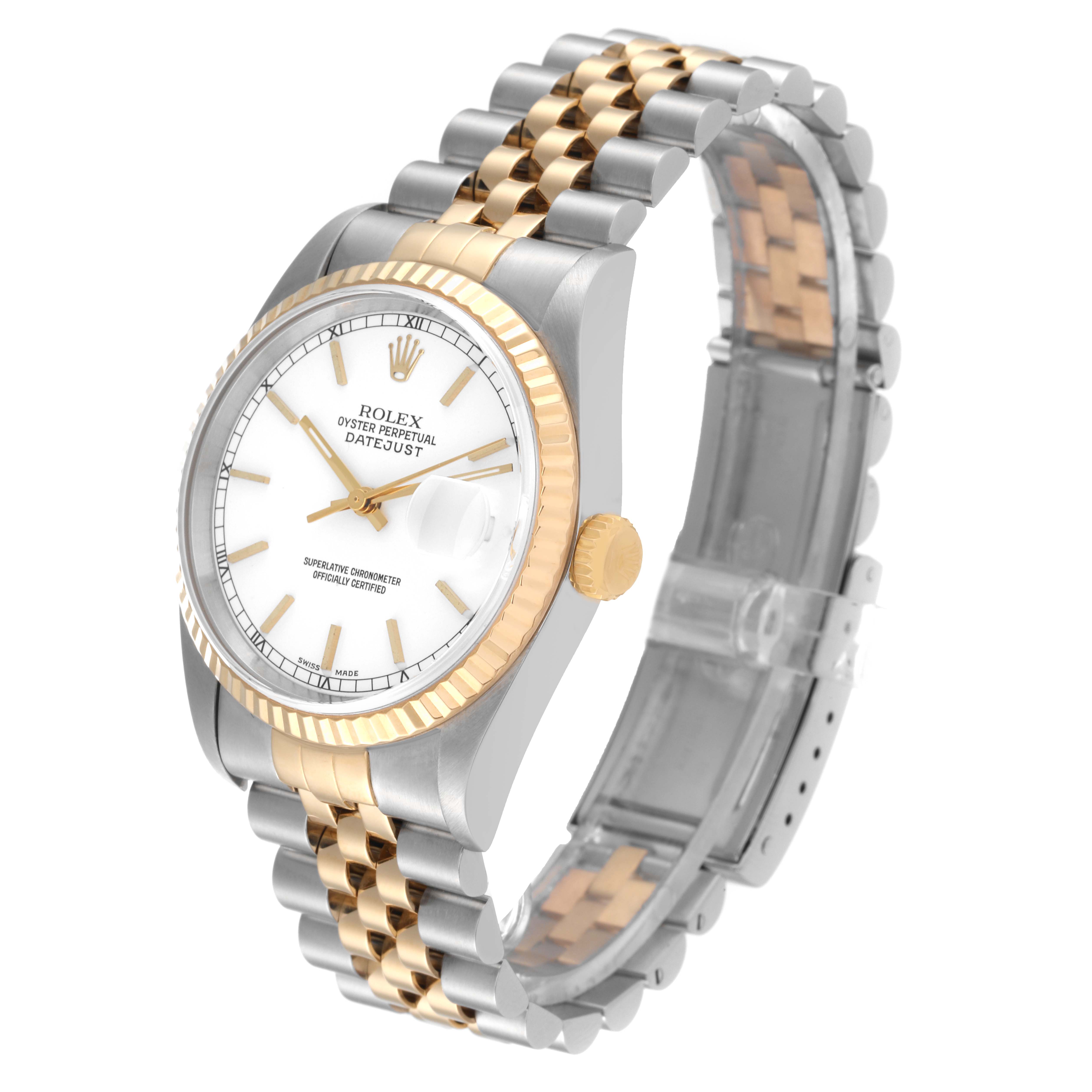 The image shows a Rolex Datejust 16233 Men's Steel and Gold (two tone) White Dial 16233 Men's Steel and Gold (two tone) White Dial watch at a three-quarter angle, highlighting the dial, bezel, crown, and bracelet.