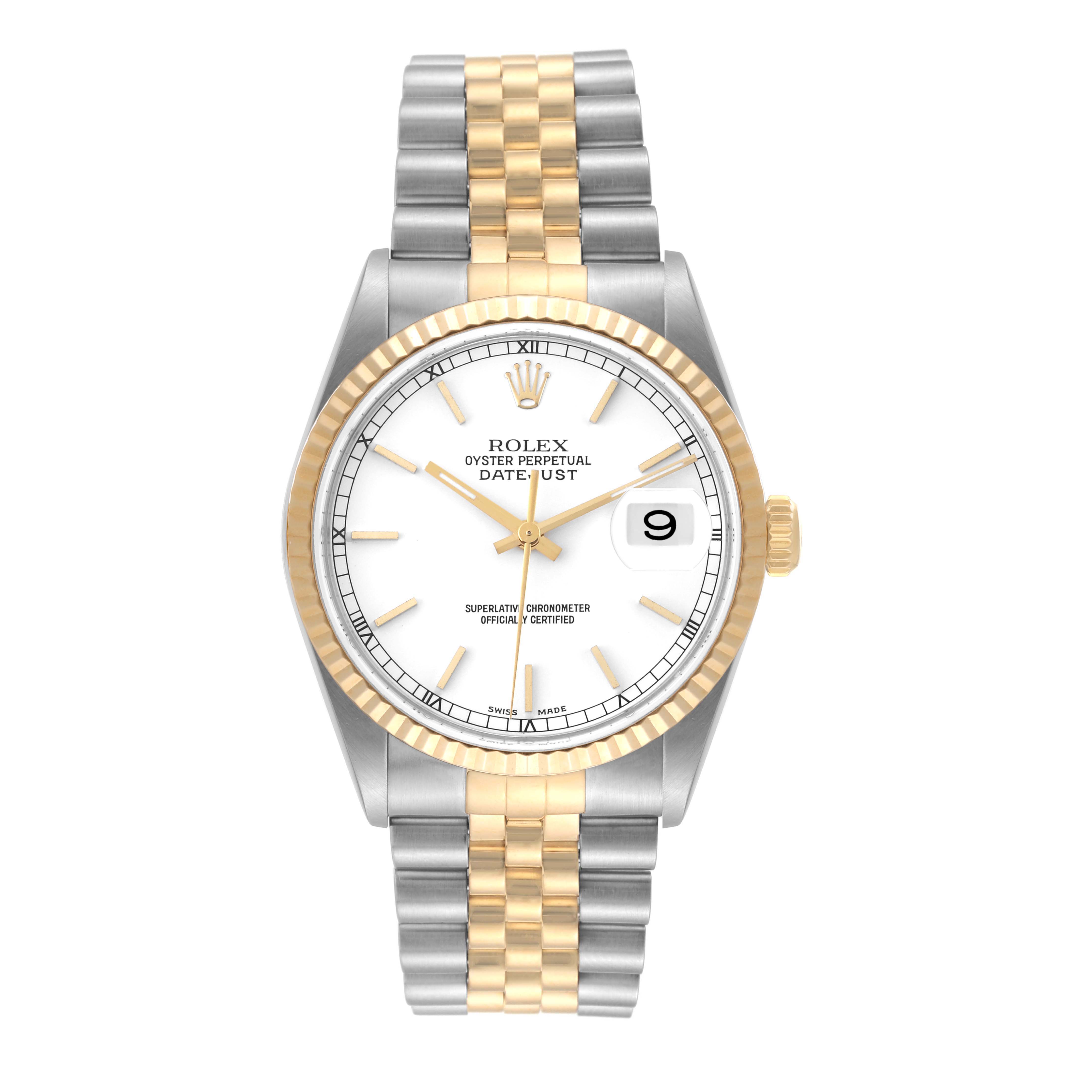 This Rolex Datejust 16233 Men's Steel and Gold (two tone) White Dial 16233 Men's Steel and Gold (two tone) White Dial watch is shown from a front angle, displaying its dial, bezel, and two-tone bracelet.