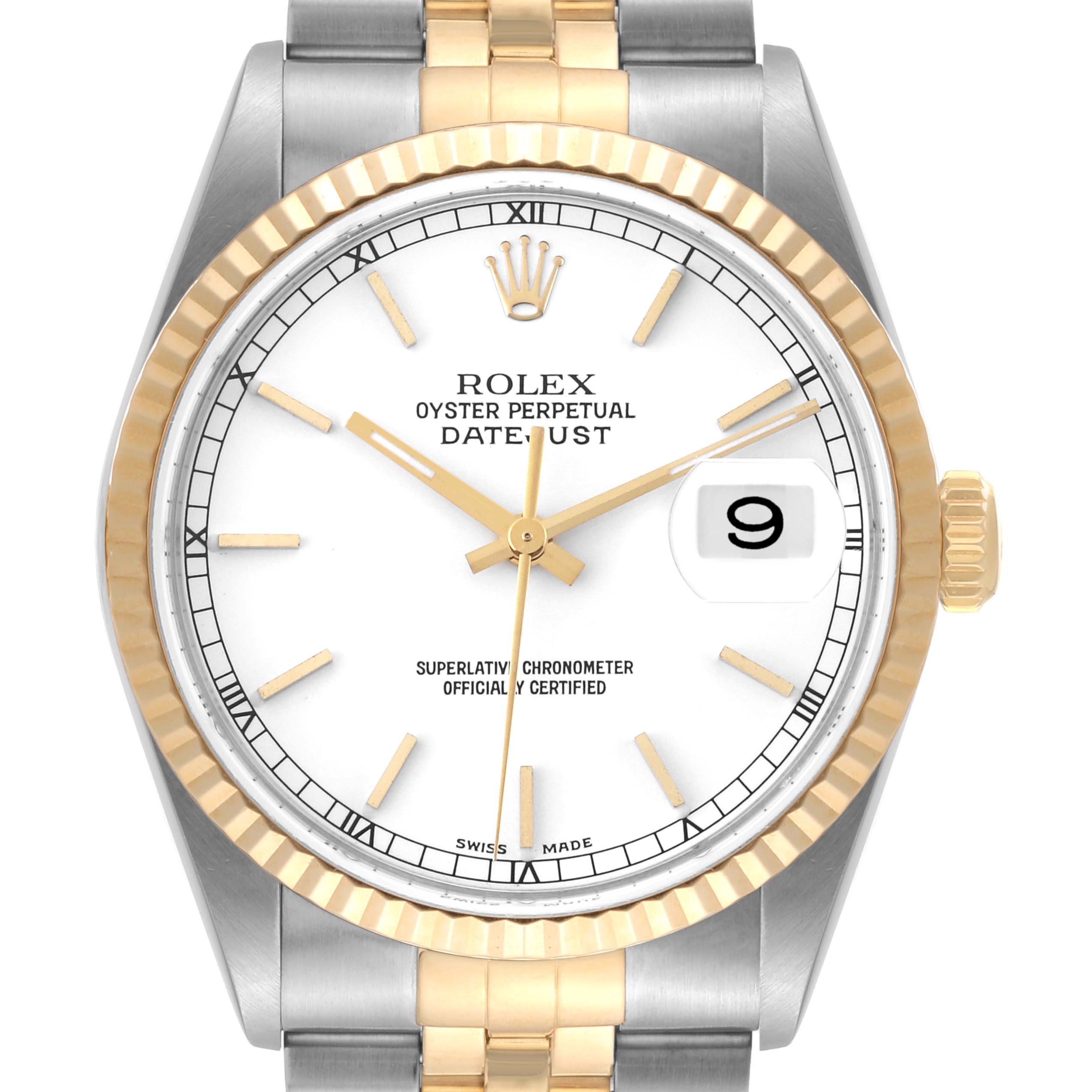 This image shows a front view of a Rolex Datejust 16233 Men's Steel and Gold (two tone) White Dial 16233 Men's Steel and Gold (two tone) White Dial watch, highlighting the dial, bezel, bracelet, and crown.
