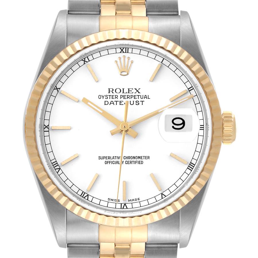 Rolex Datejust Steel Yellow Gold Fluted Bezel White Dial Mens Watch 16233 SwissWatchExpo