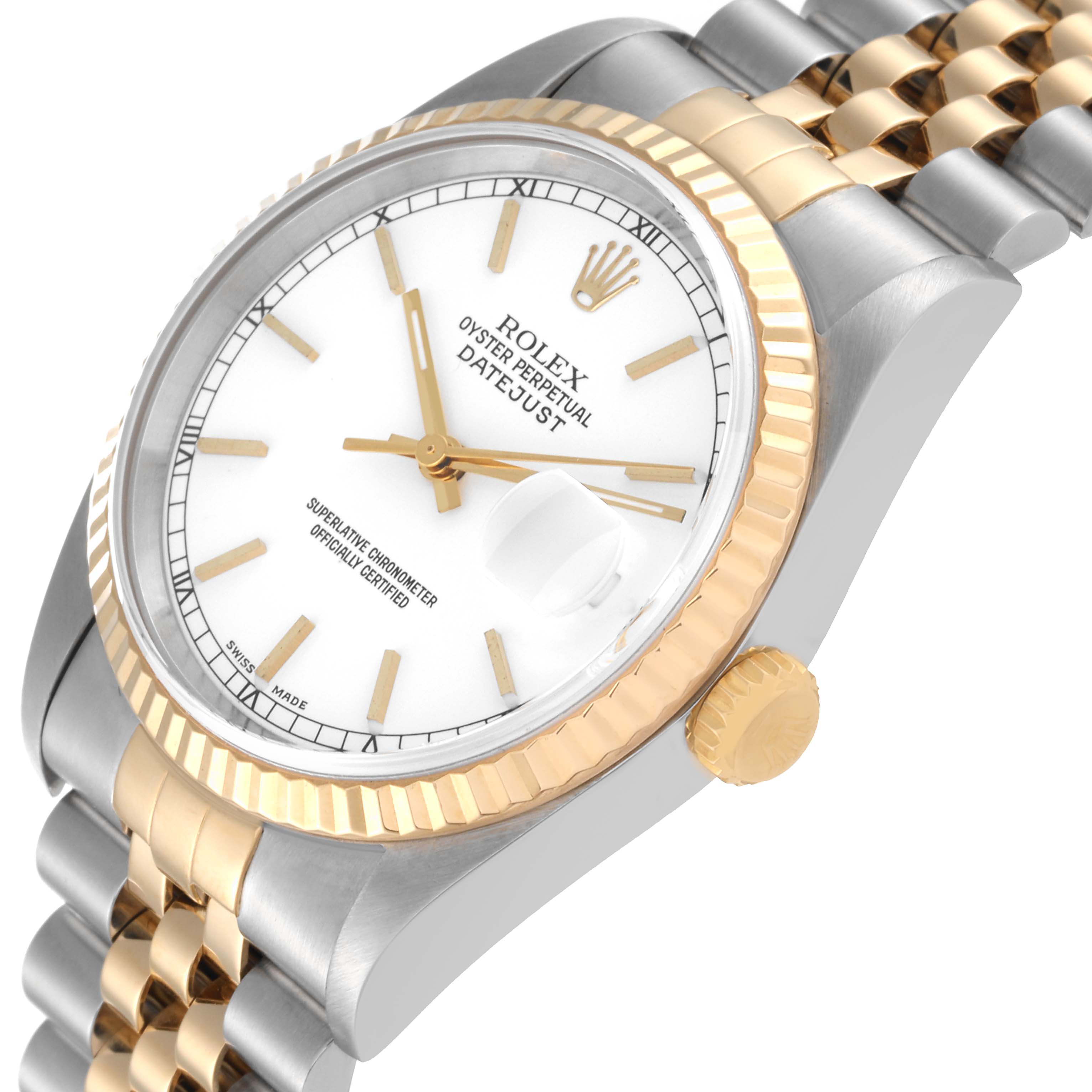This image shows a close-up angle of the Rolex Datejust 16233 Men's Steel and Gold (two tone) White Dial 16233 Men's Steel and Gold (two tone) White Dial watch, focusing on the face, bezel, and part of the bracelet.