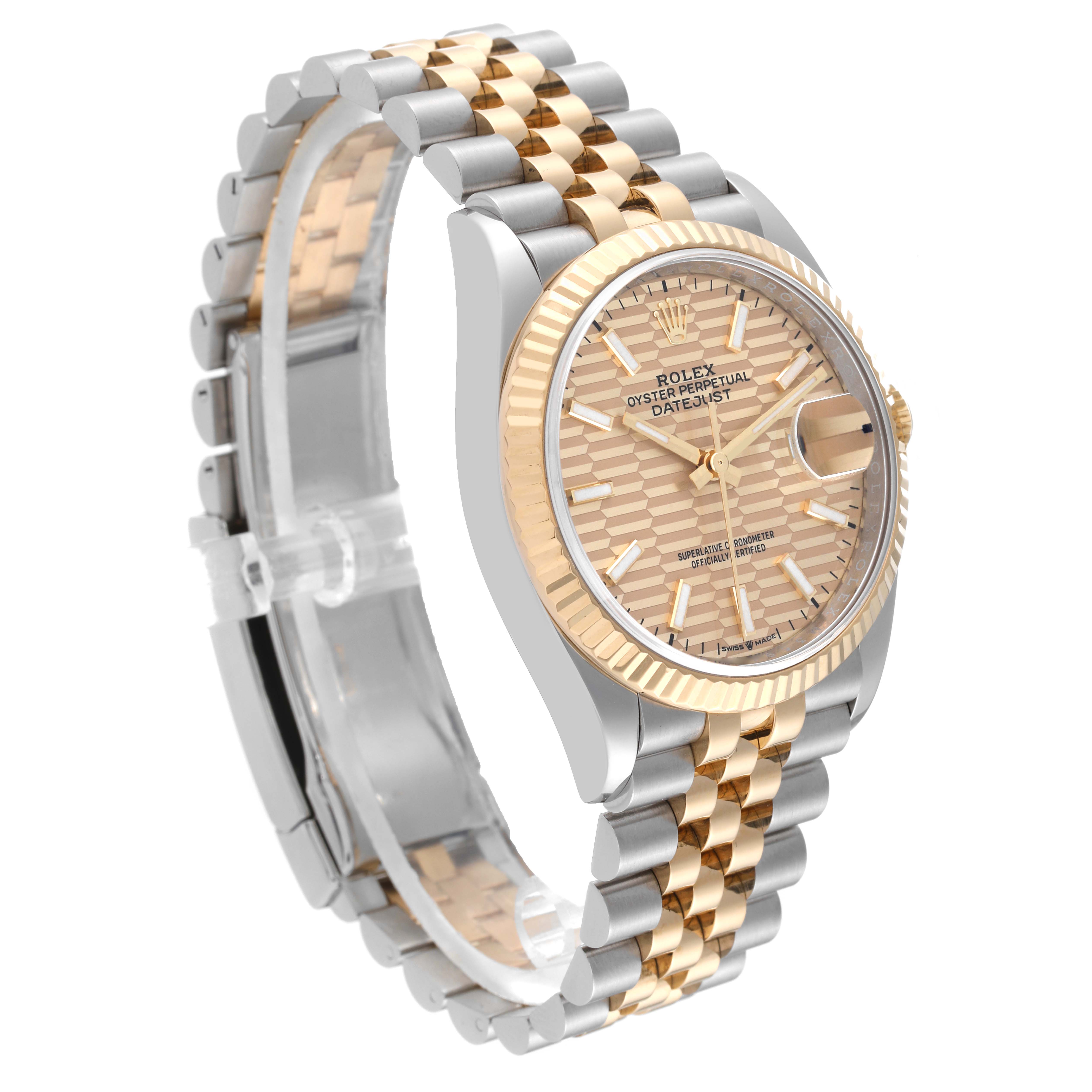 This image shows a Rolex Datejust 126233 Men
s Steel and Gold (two tone) Champagne Dial 126233 Men
s Steel and Gold (two tone) Champagne Dial watch from a three-quarter angle, highlighting the gold and silver bracelet, fluted bezel, and patterned dial.