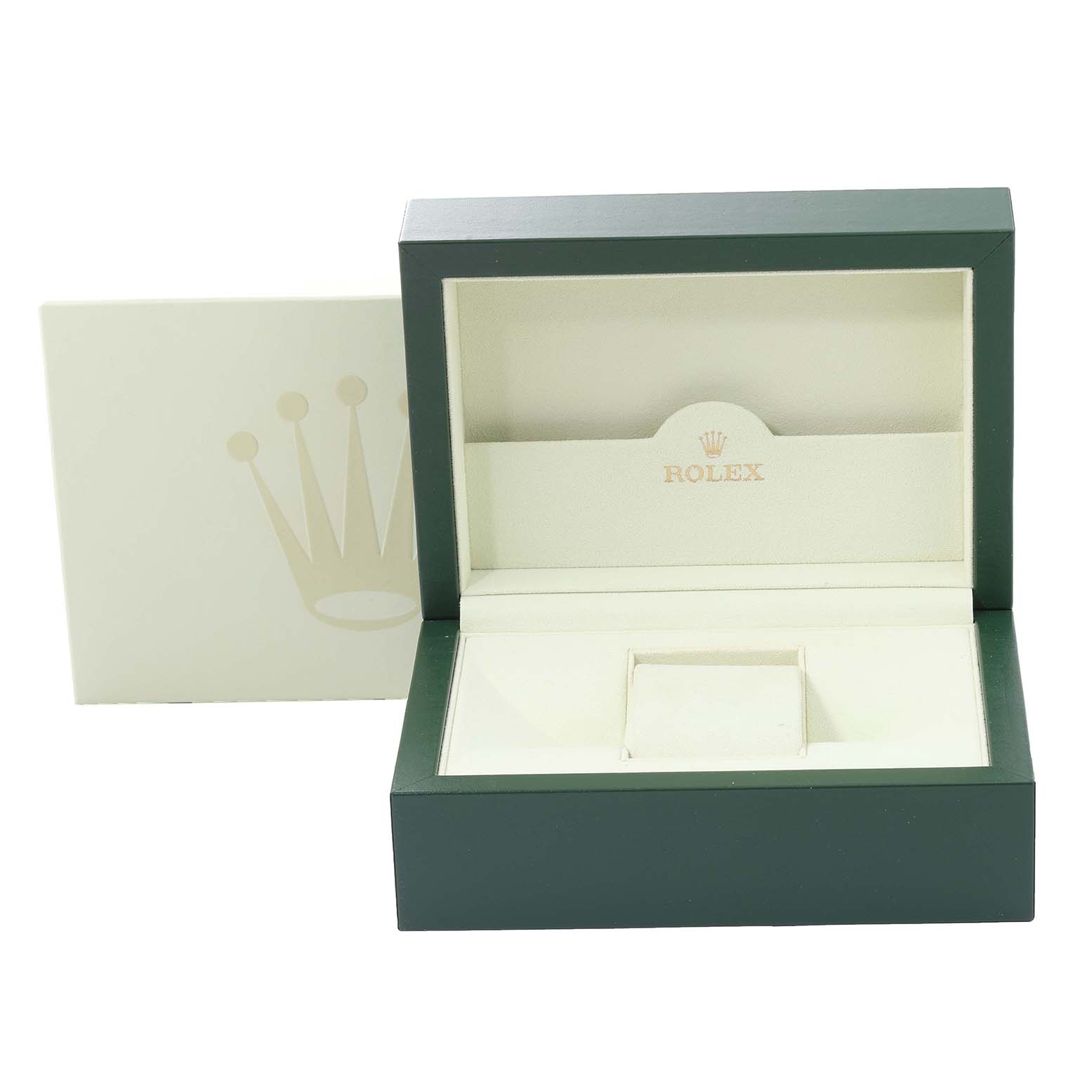 The image shows an open Rolex Datejust 126233 Men
s Steel and Gold (two tone) Champagne Dial 126233 Men
s Steel and Gold (two tone) Champagne Dial watch box with the inner cushion and an outer white box.