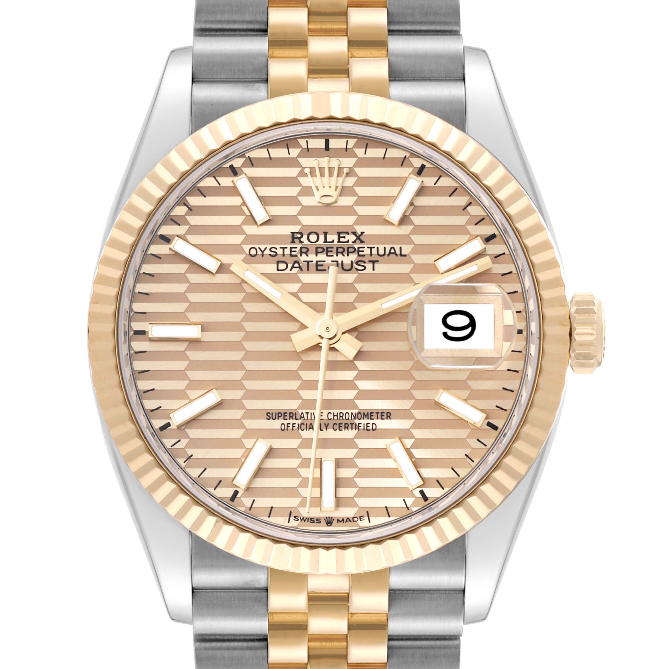 This is a front view of a Rolex Datejust 126233 Men
s Steel and Gold (two tone) Champagne Dial 126233 Men
s Steel and Gold (two tone) Champagne Dial watch, showcasing the dial, fluted bezel, and two-tone bracelet.