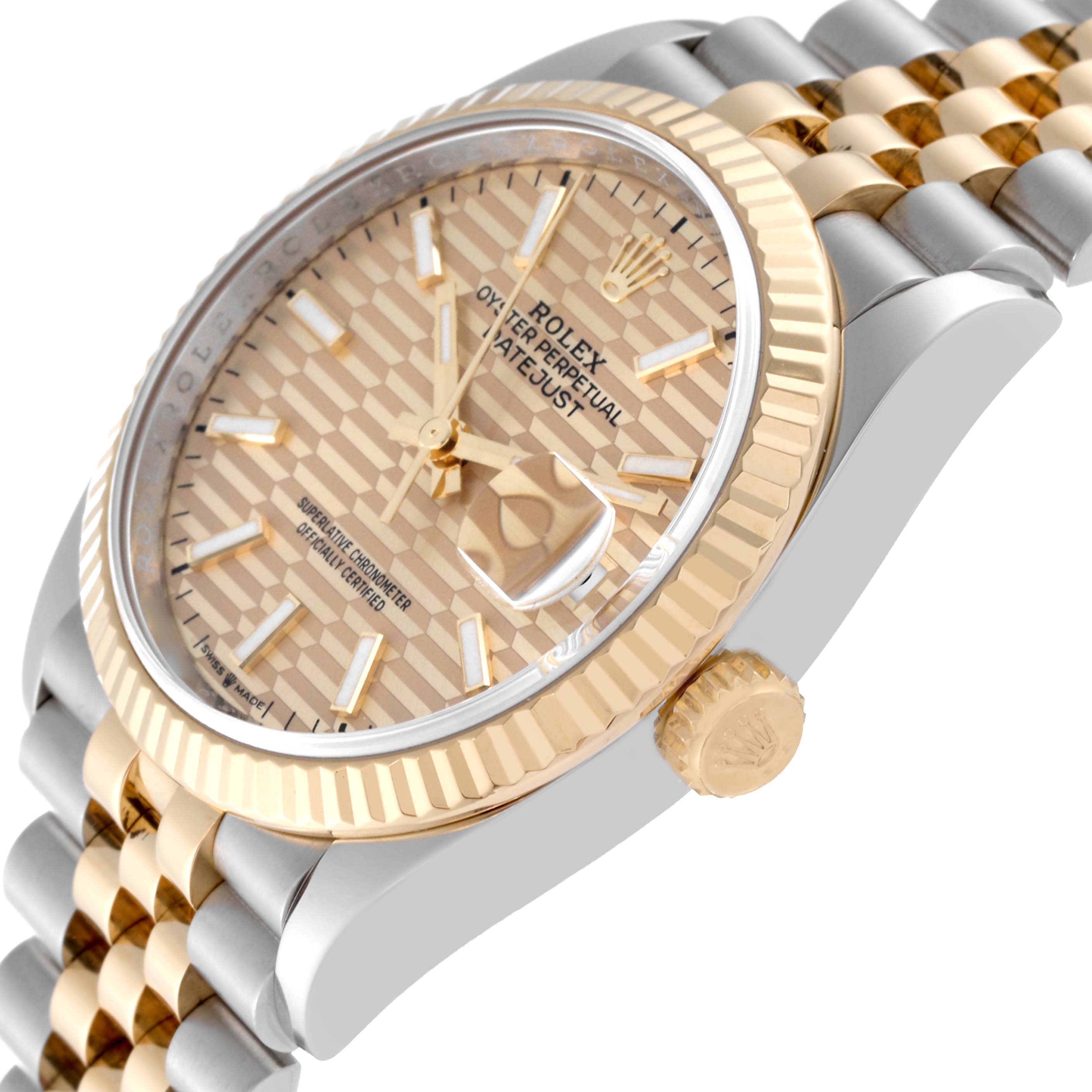 This angled shot of the Rolex Datejust 126233 Men
s Steel and Gold (two tone) Champagne Dial 126233 Men
s Steel and Gold (two tone) Champagne Dial model shows the dial, fluted bezel, crown, and part of the jubilee bracelet.