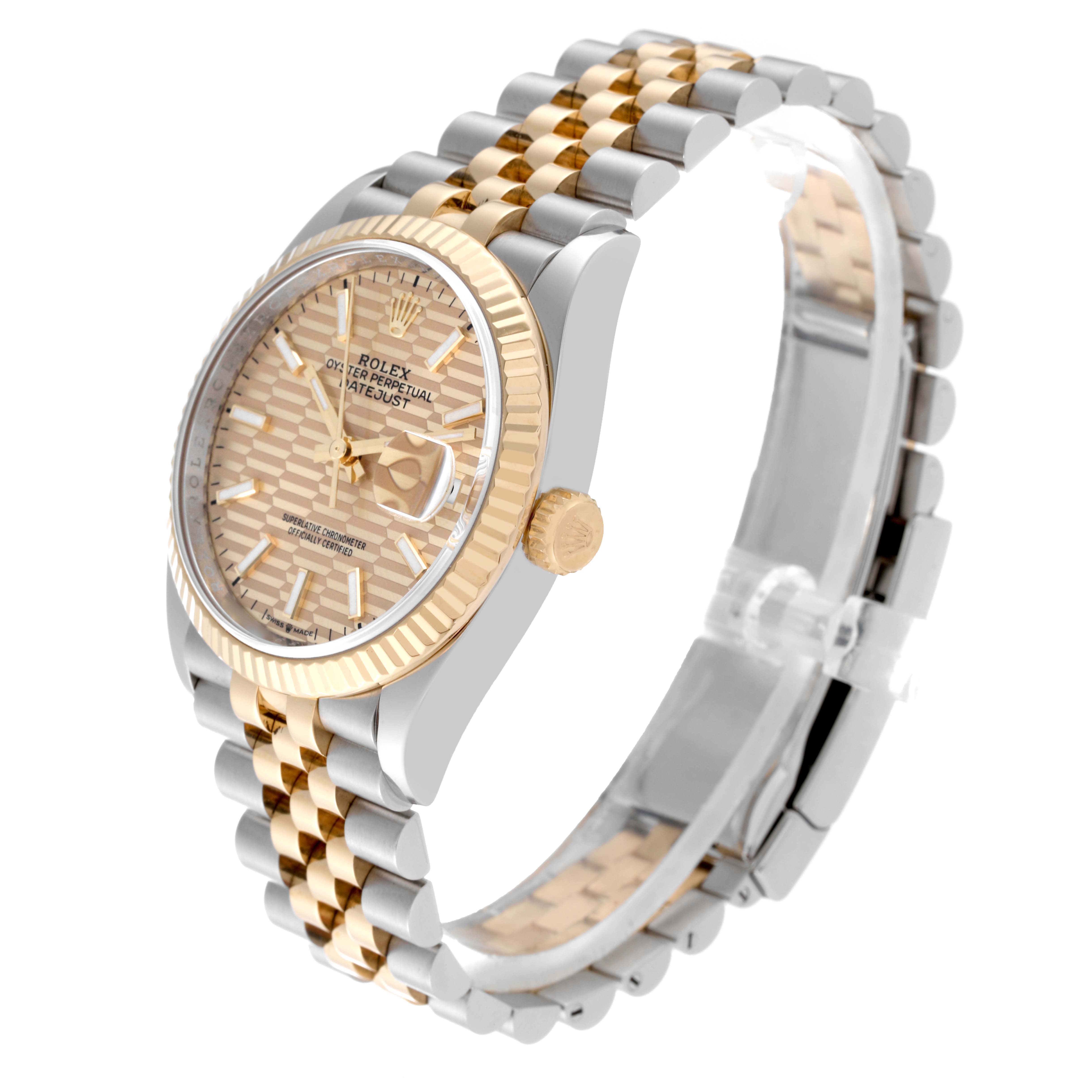 The image shows a Rolex Datejust 126233 Men
s Steel and Gold (two tone) Champagne Dial 126233 Men
s Steel and Gold (two tone) Champagne Dial watch at a three-quarter angle, highlighting the face, dial, crown, and two-tone bracelet.