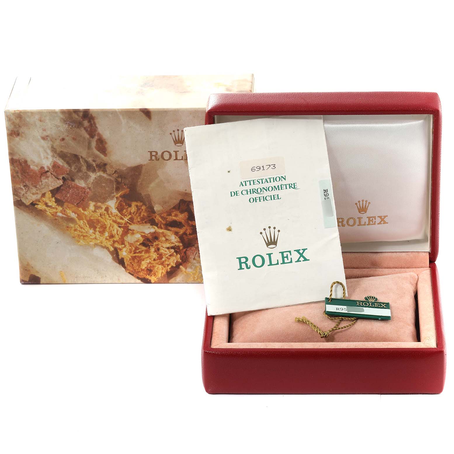 The image shows the packaging box, certificate, tag, and inner box of a Rolex Datejust 69173 Women's Steel and Gold (two tone) Champagne Dial 69173 Women's Steel and Gold (two tone) Champagne Dial model.
