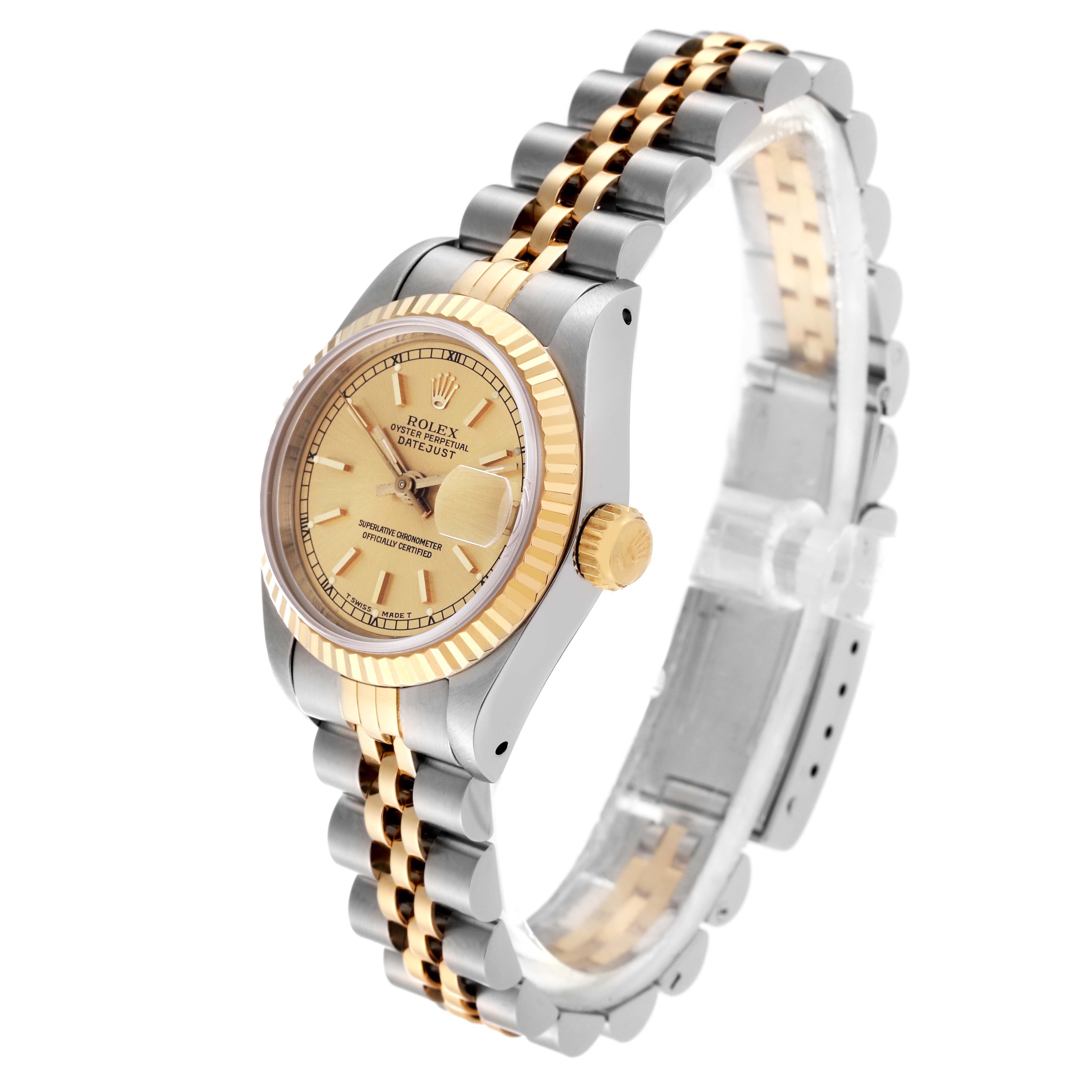 This image shows a side view of a Rolex Datejust 69173 Women's Steel and Gold (two tone) Champagne Dial 69173 Women's Steel and Gold (two tone) Champagne Dial, highlighting its dial, fluted bezel, and Jubilee bracelet.