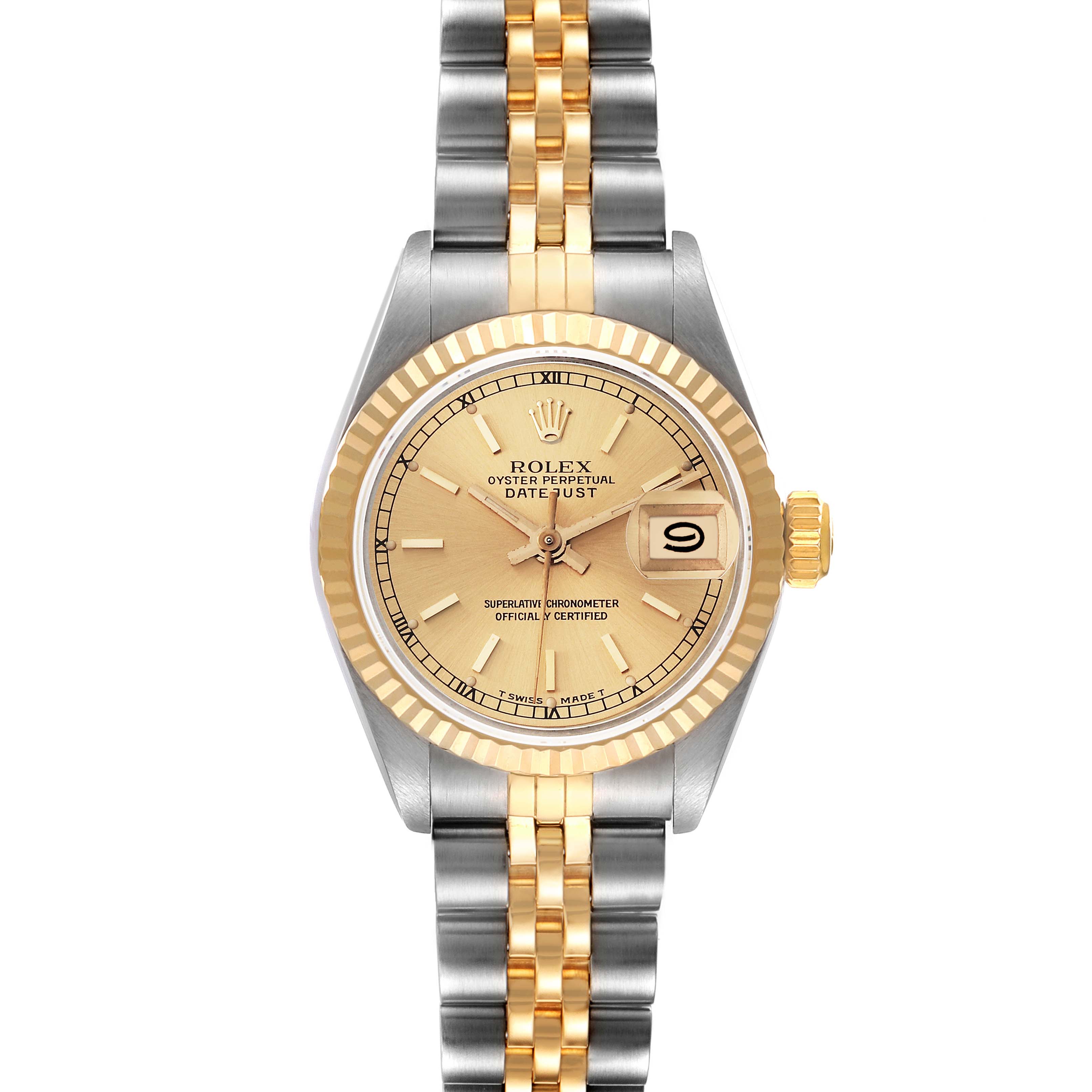This image shows a front view of a Rolex Datejust 69173 Women's Steel and Gold (two tone) Champagne Dial 69173 Women's Steel and Gold (two tone) Champagne Dial watch, showcasing its dial, bezel, crown, and bracelet.