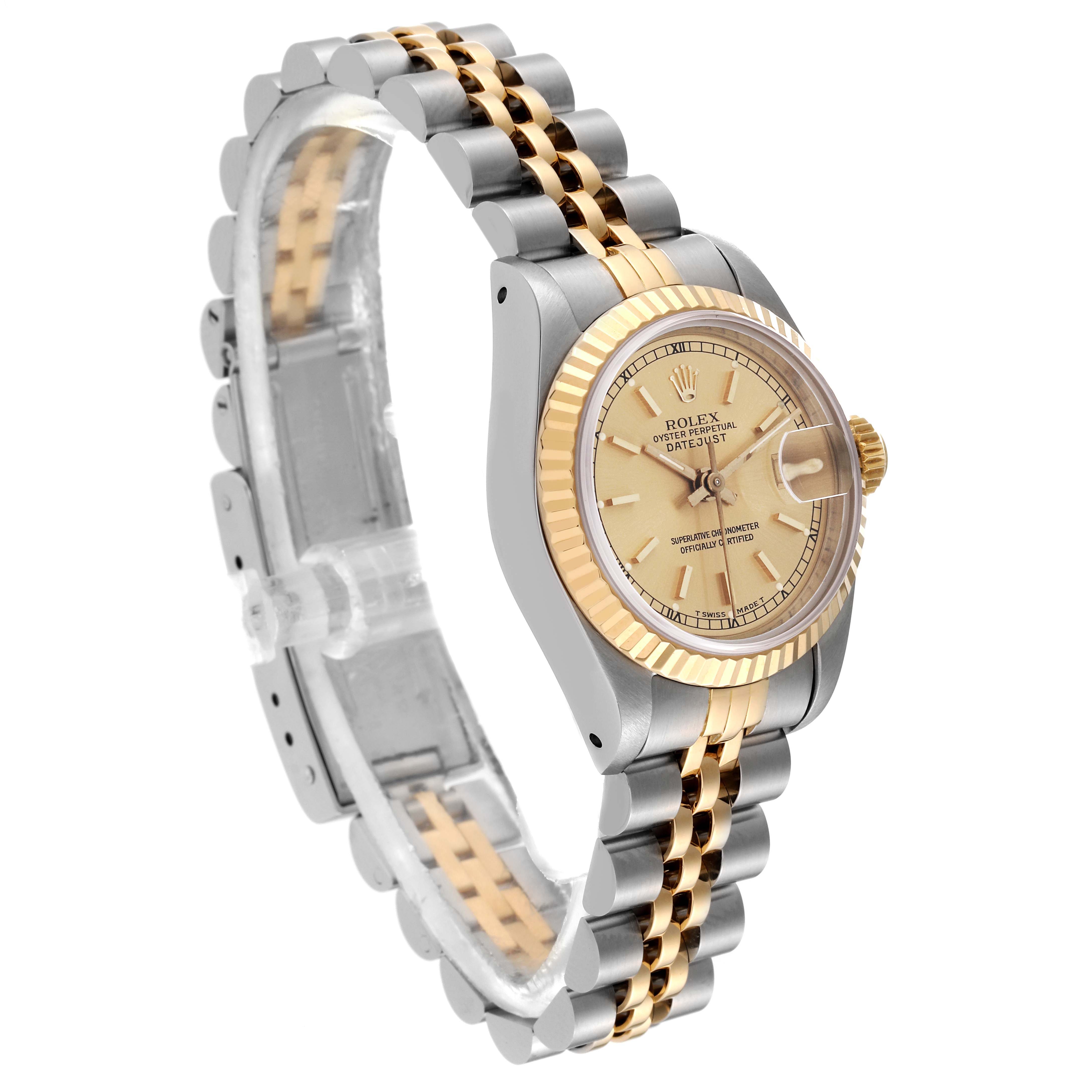 The image shows a Rolex Datejust 69173 Women's Steel and Gold (two tone) Champagne Dial 69173 Women's Steel and Gold (two tone) Champagne Dial model at a slight angle, highlighting its two-tone bracelet and gold fluted bezel.