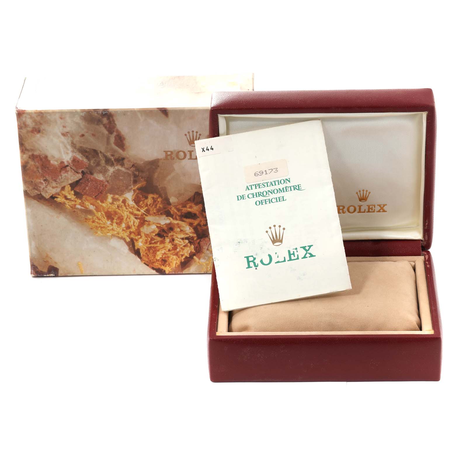 This image shows a Rolex Datejust 69173 Women's Steel and Gold (two tone) Champagne Dial 69173 Women's Steel and Gold (two tone) Champagne Dial watch box, manual, and warranty certificate at a front angle.