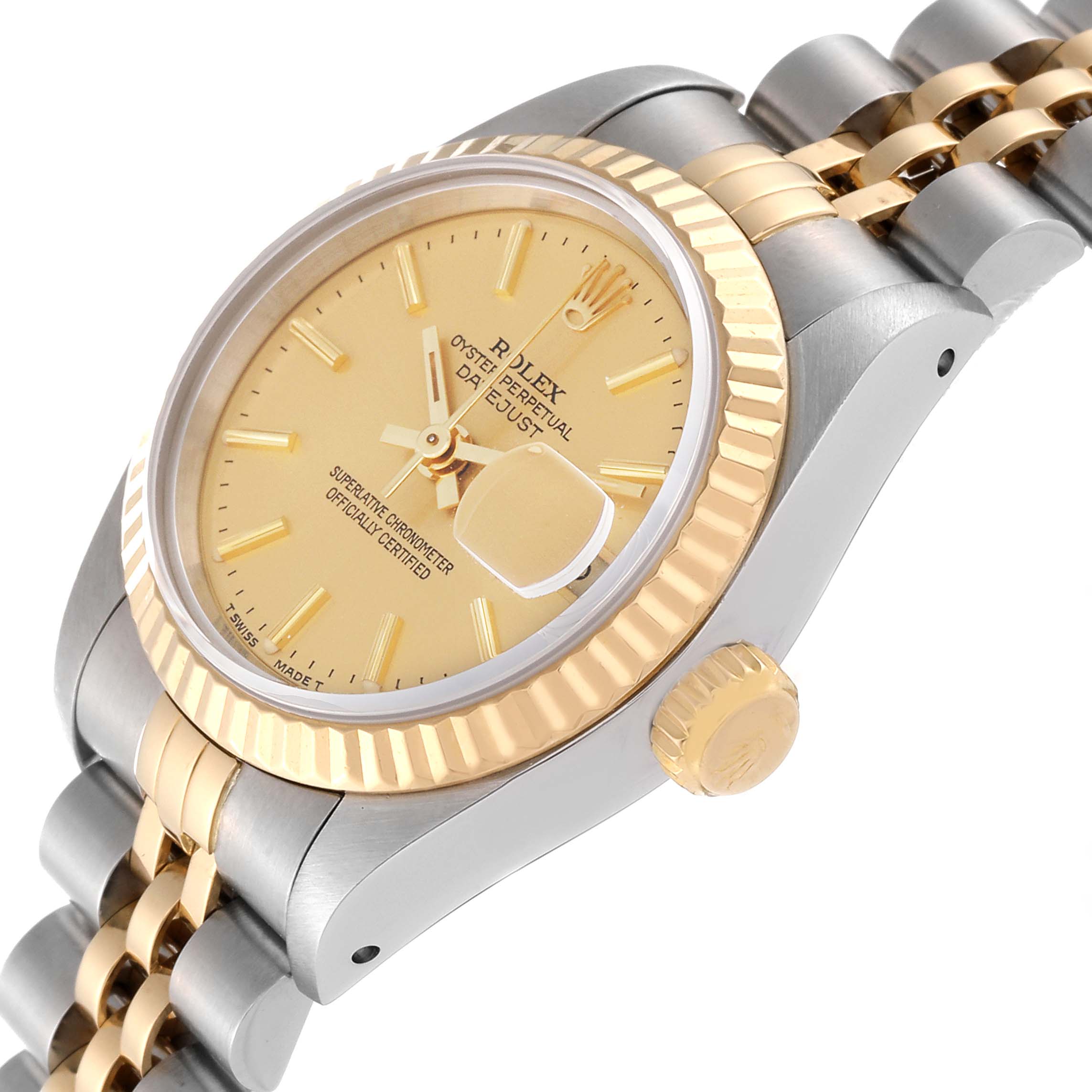 This image shows a Rolex Datejust 69173 Women's Steel and Gold (two tone) Champagne Dial 69173 Women's Steel and Gold (two tone) Champagne Dial watch at a three-quarter angle, highlighting the dial, bezel, bracelet, and crown.
