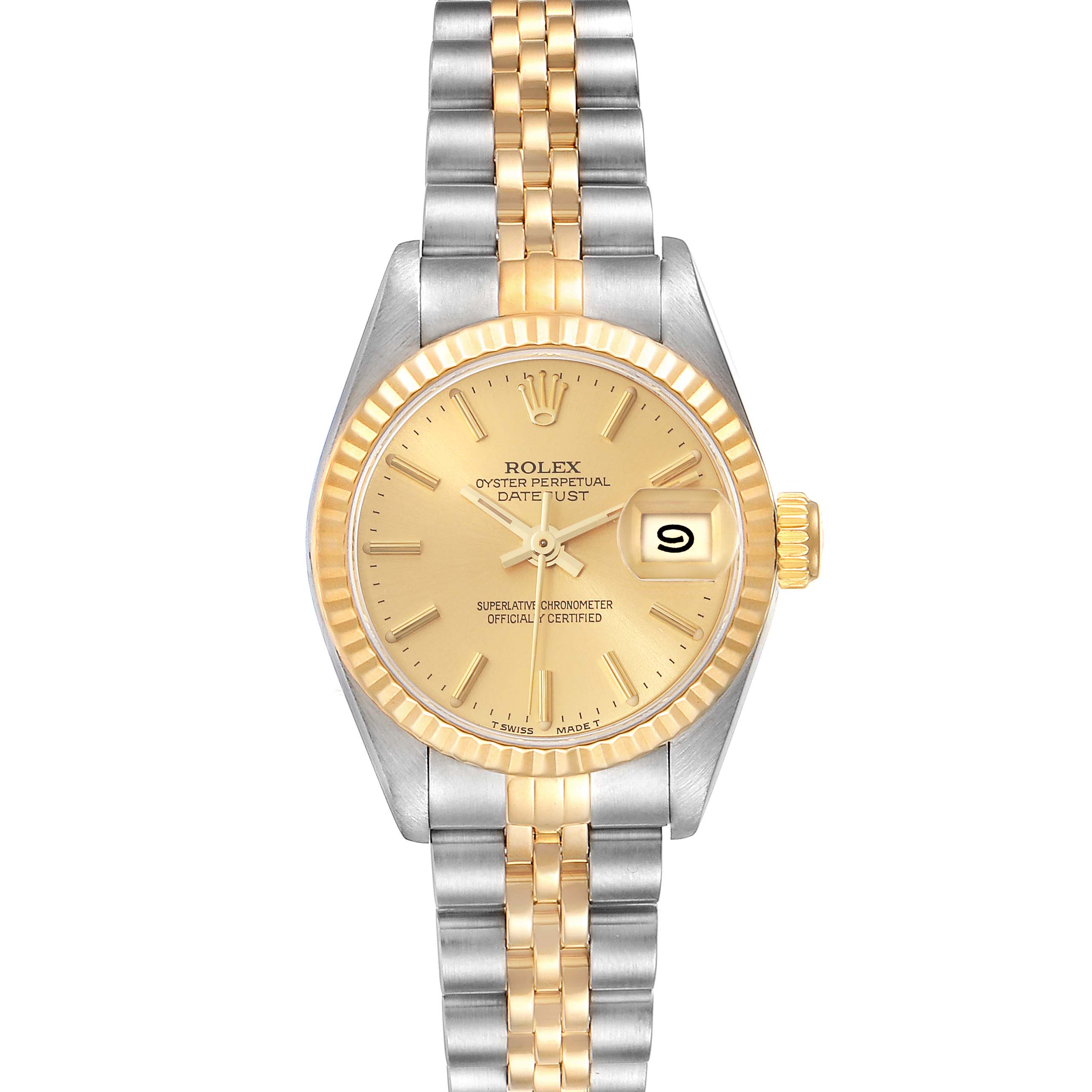 The image shows a front view of the Rolex Datejust 69173 Women's Steel and Gold (two tone) Champagne Dial 69173 Women's Steel and Gold (two tone) Champagne Dial, displaying its dial, bracelets, and date window.