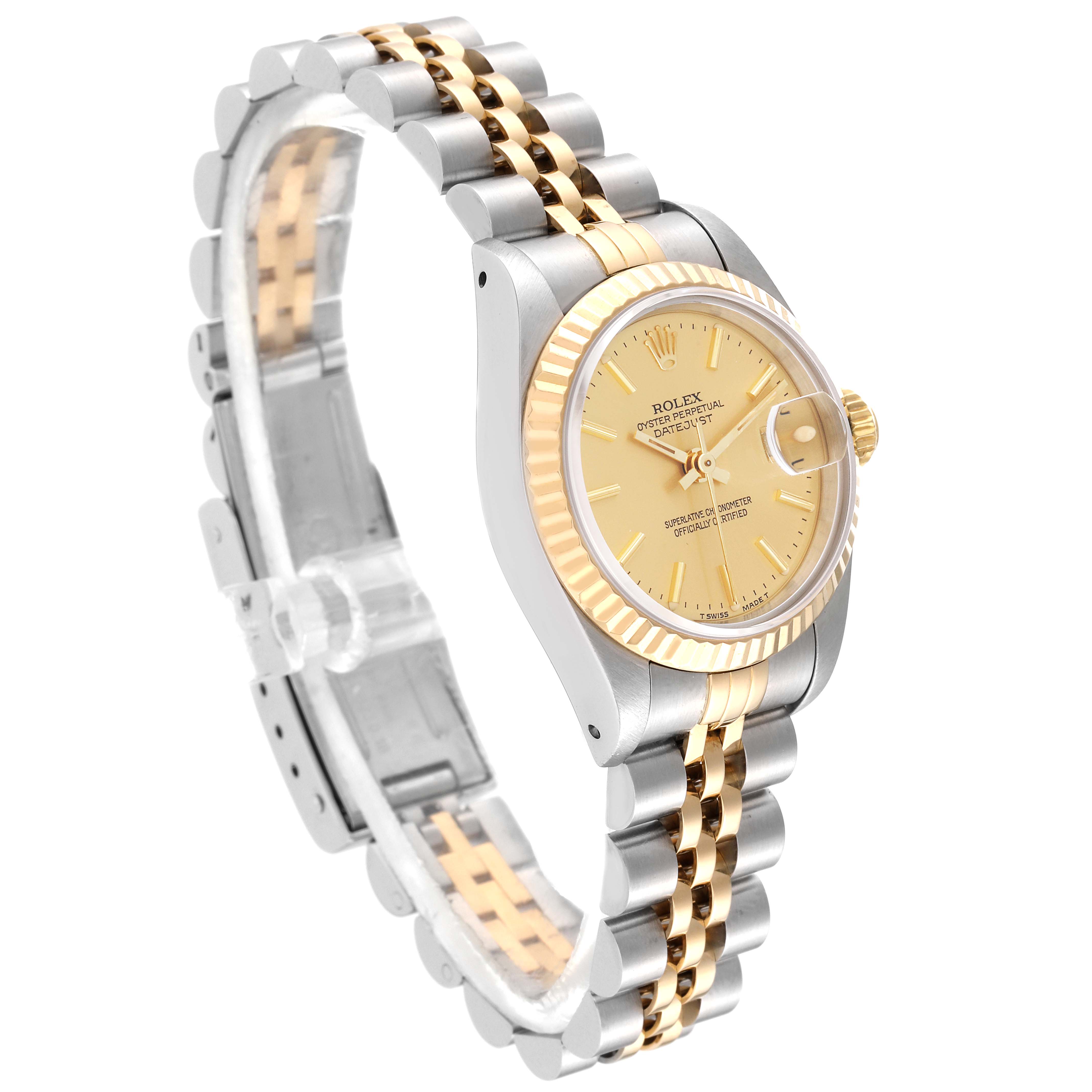 The image shows a Rolex Datejust 69173 Women's Steel and Gold (two tone) Champagne Dial 69173 Women's Steel and Gold (two tone) Champagne Dial watch from a front left angle, highlighting the gold dial, fluted bezel, and two-tone bracelet.