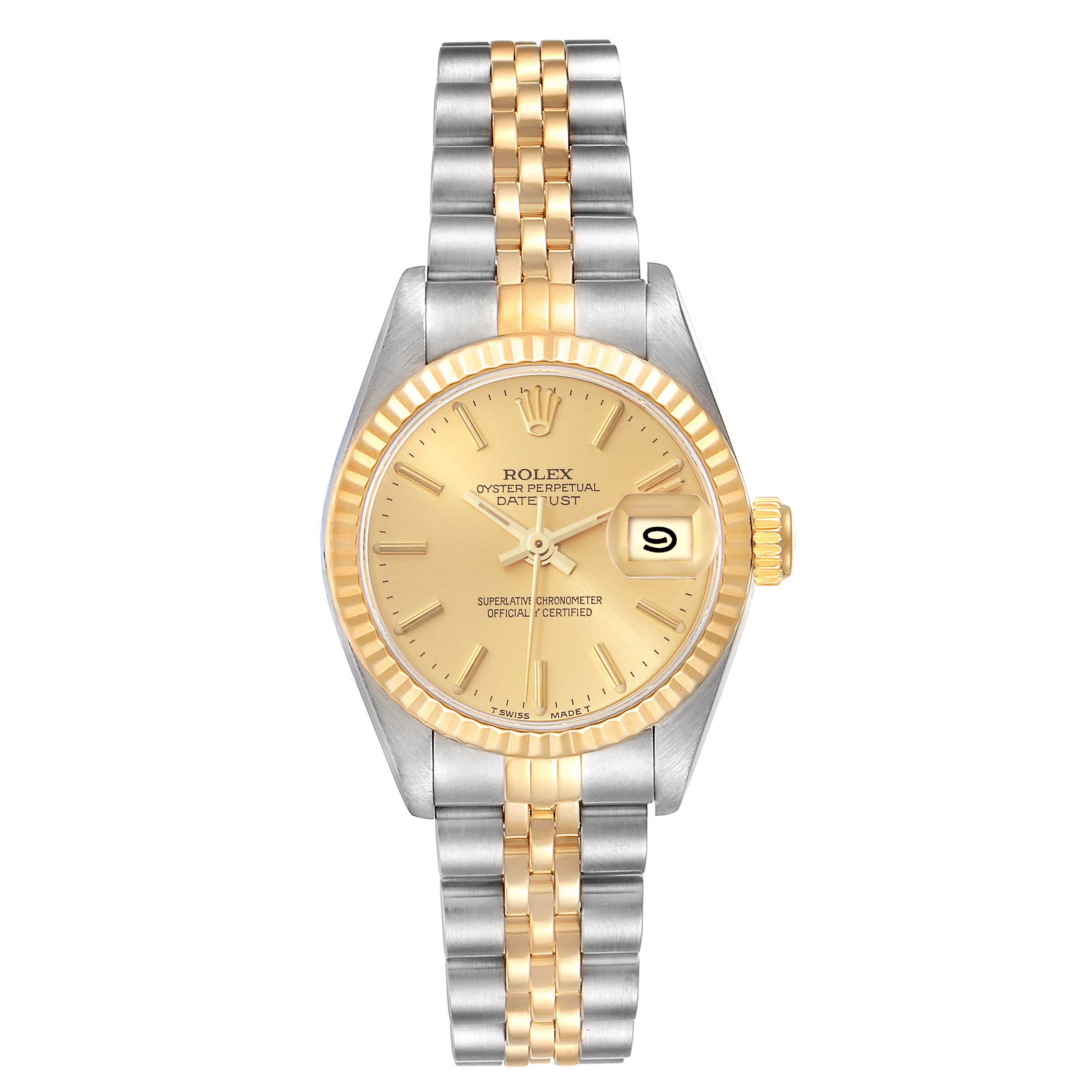 The image shows a frontal view of a Rolex Datejust 69173 Women's Steel and Gold (two tone) Champagne Dial 69173 Women's Steel and Gold (two tone) Champagne Dial watch, featuring a two-tone metal bracelet and a gold dial with a date display.